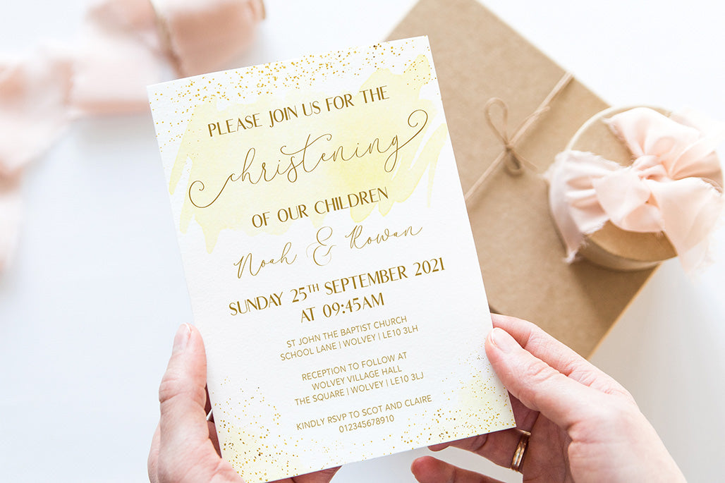 Foil effect and watercolour effect splash and sparkle Christening and Baptism invitations available in a wide range of colours