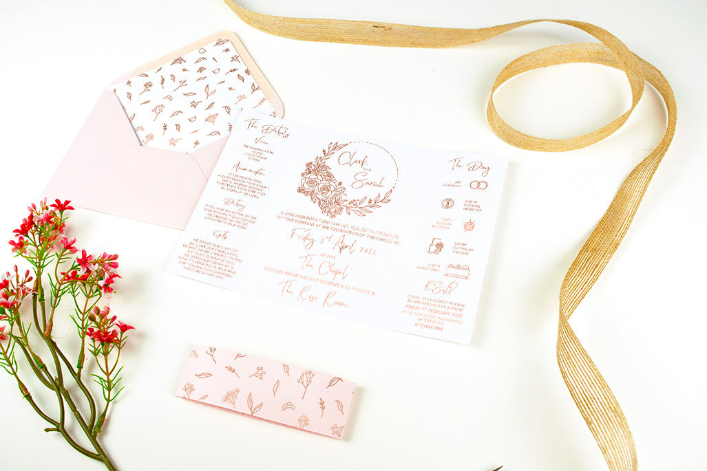 Floral Baby's Breath Pale Pink and Rose Gold Foiled Wedding Stationery. A stunning gatefold floral invitation with a blush envelope and belly band.