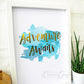 Adventure Awaits - gold on watercolour, close up. Handmade foil print by ClaireyGraphy, printed by Bright Bear Designs