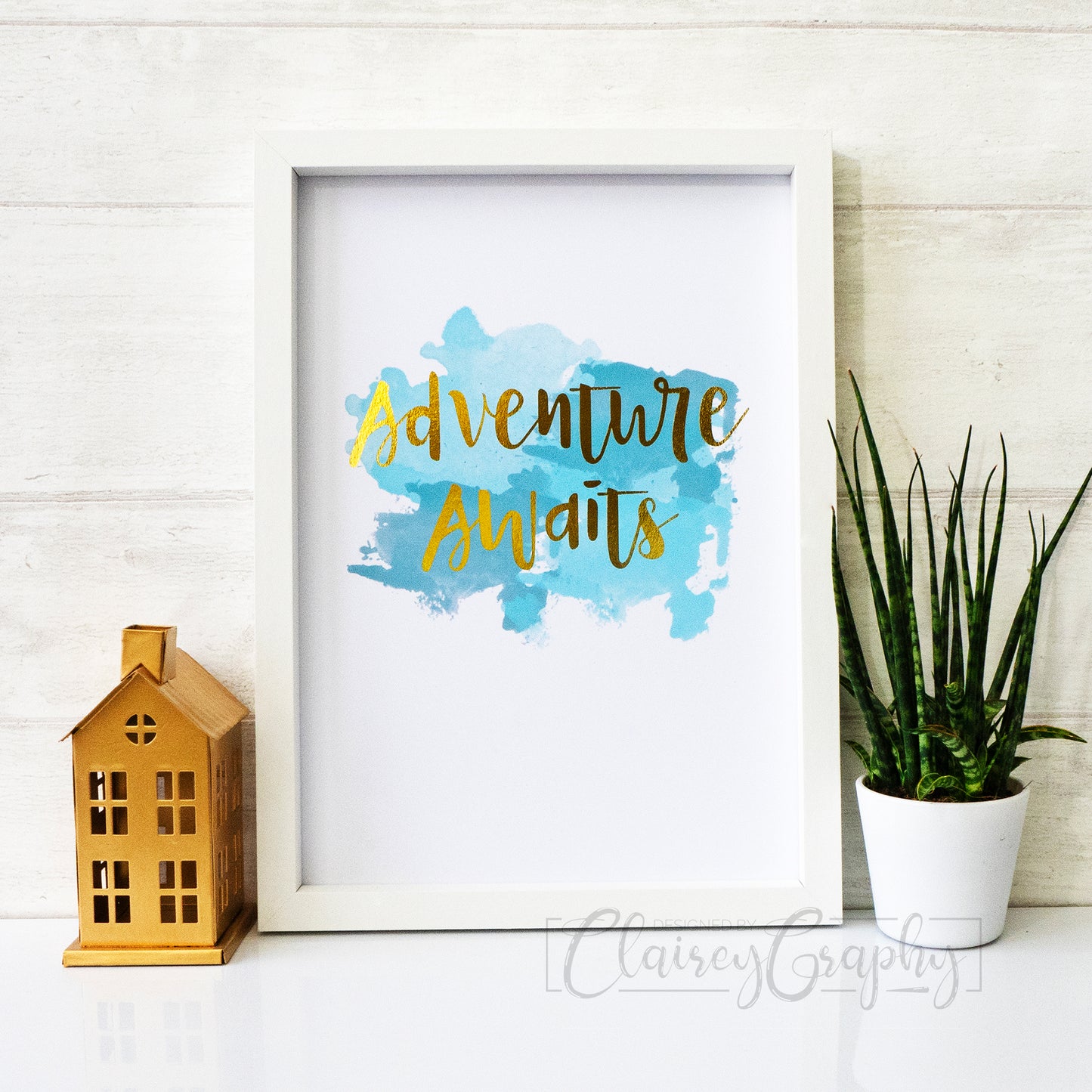 Adventure Awaits - gold on watercolour. Handmade foil print by ClaireyGraphy, printed by Bright Bear Designs