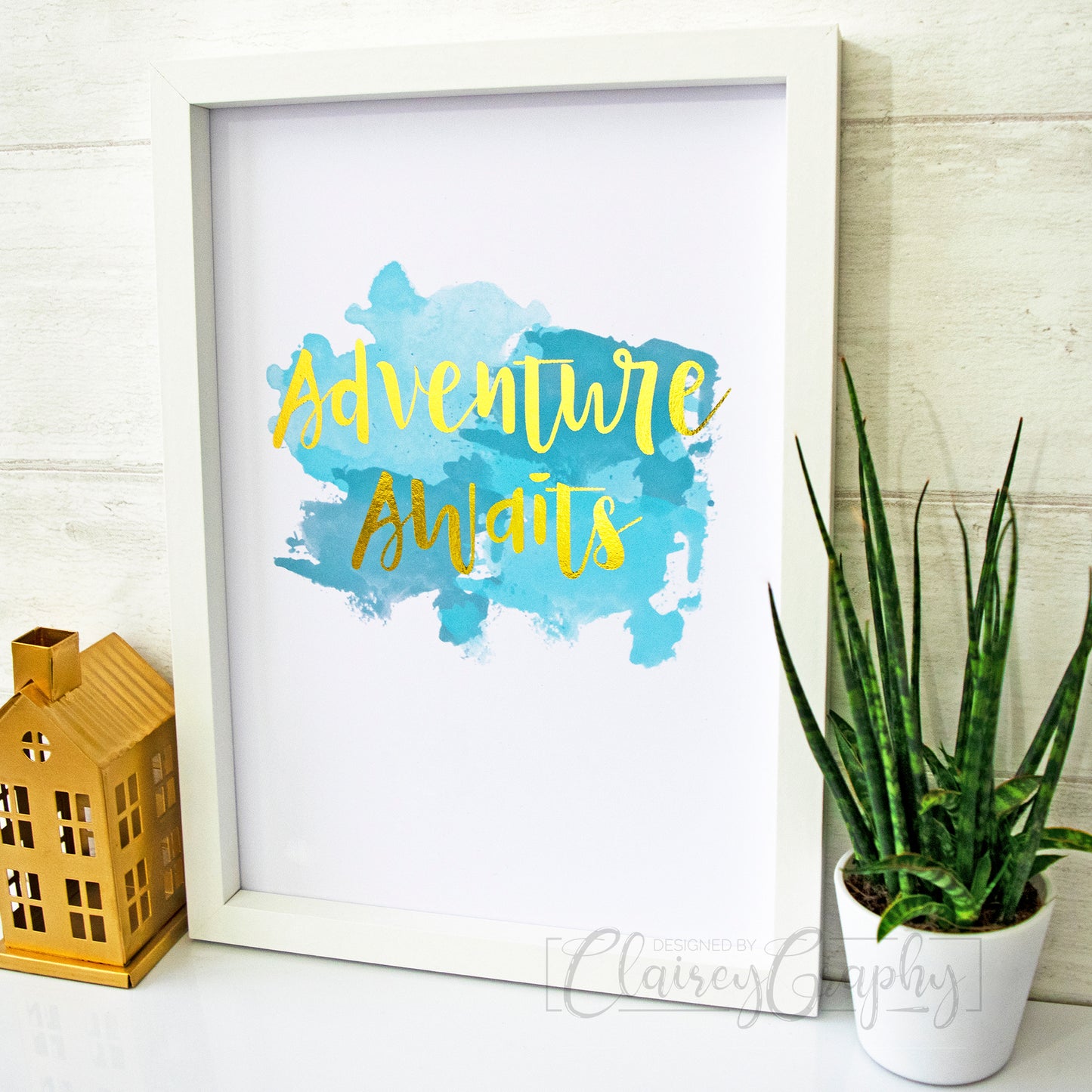 Adventure Awaits - gold on watercolour, side view. Handmade foil print by ClaireyGraphy, printed by Bright Bear Designs