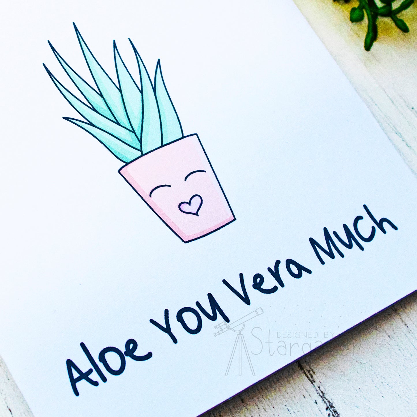 Aloe You Vera Much - 5x5 inch card, detail. Card handmade by Stargazer Lily, produced by  Bright Bear Designs