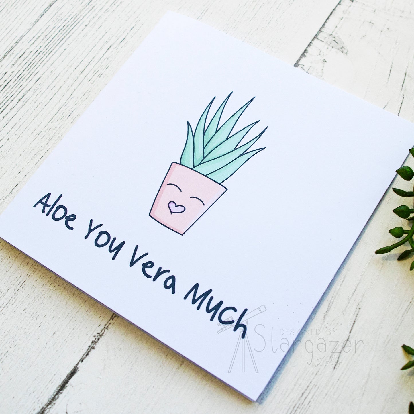 Aloe You Vera Much - 5x5 inch card, side view. Card handmade by Stargazer Lily, produced by Bright Bear Designs