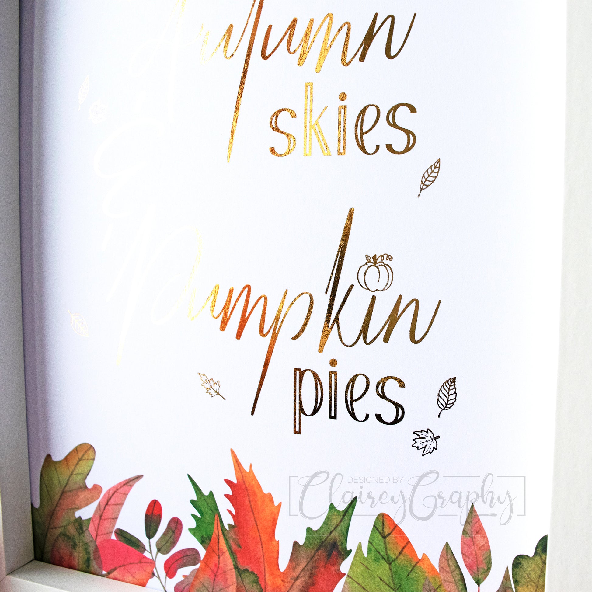 Autumn Skies & Pumpkin Pies - Copper, detail. Handmade foil print by ClaireyGraphy, printed by Bright Bear Designs