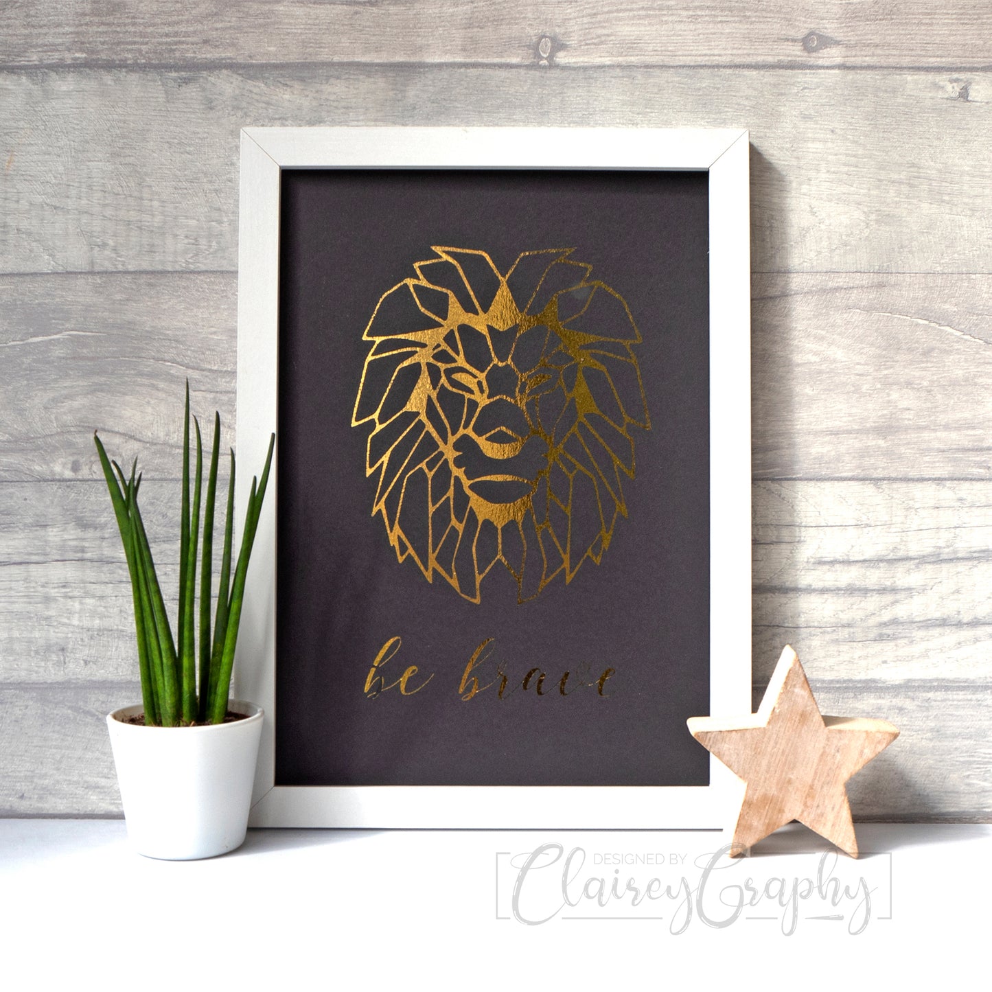 Be Brave - gold on black. Handmade foil print by ClaireyGraphy, printed by Bright Bear Designs