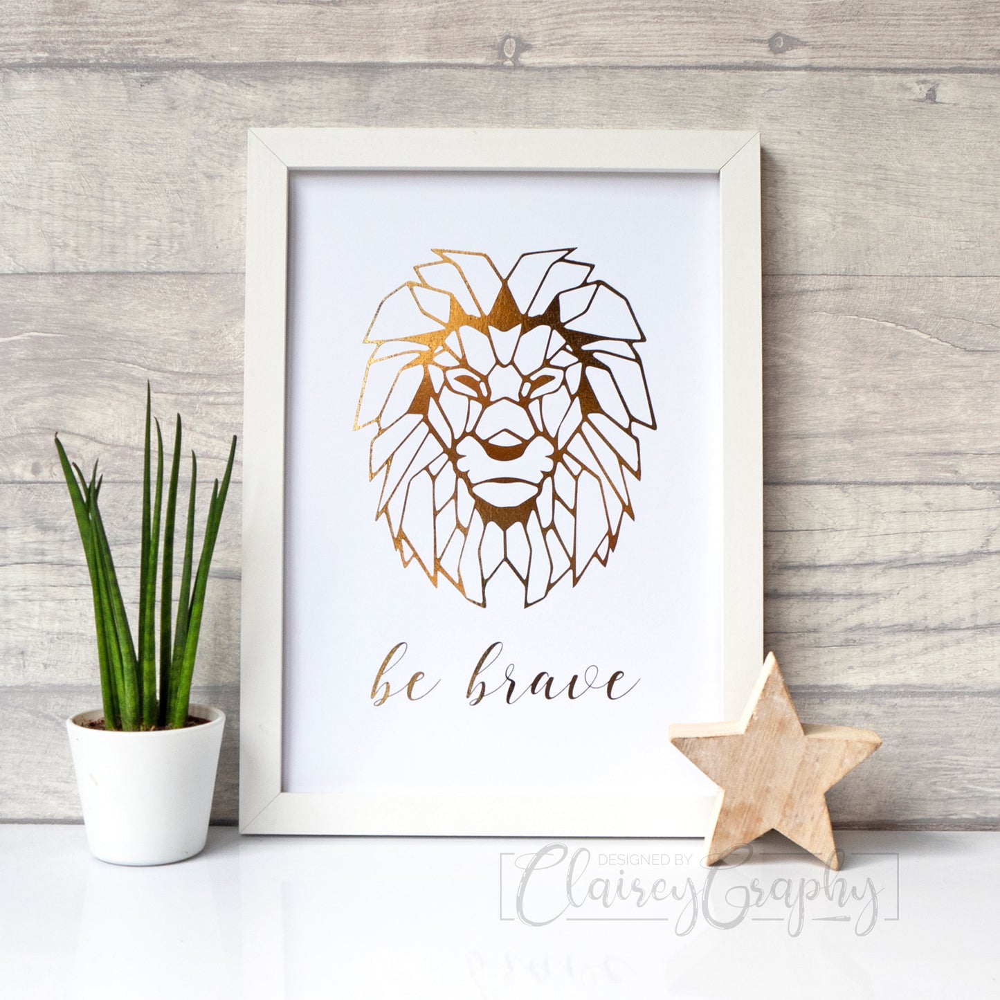 Be Brave - gold on white. Handmade foil print by ClaireyGraphy, printed by Bright Bear Designs