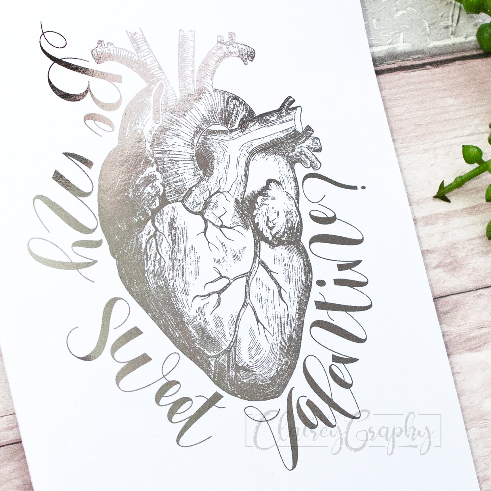 Be My Sweet Valentine - Anatomical Heart - silver, detail. 7x5 inch handmade foil card by ClaireyGraphy, printed by Bright Bear Designs