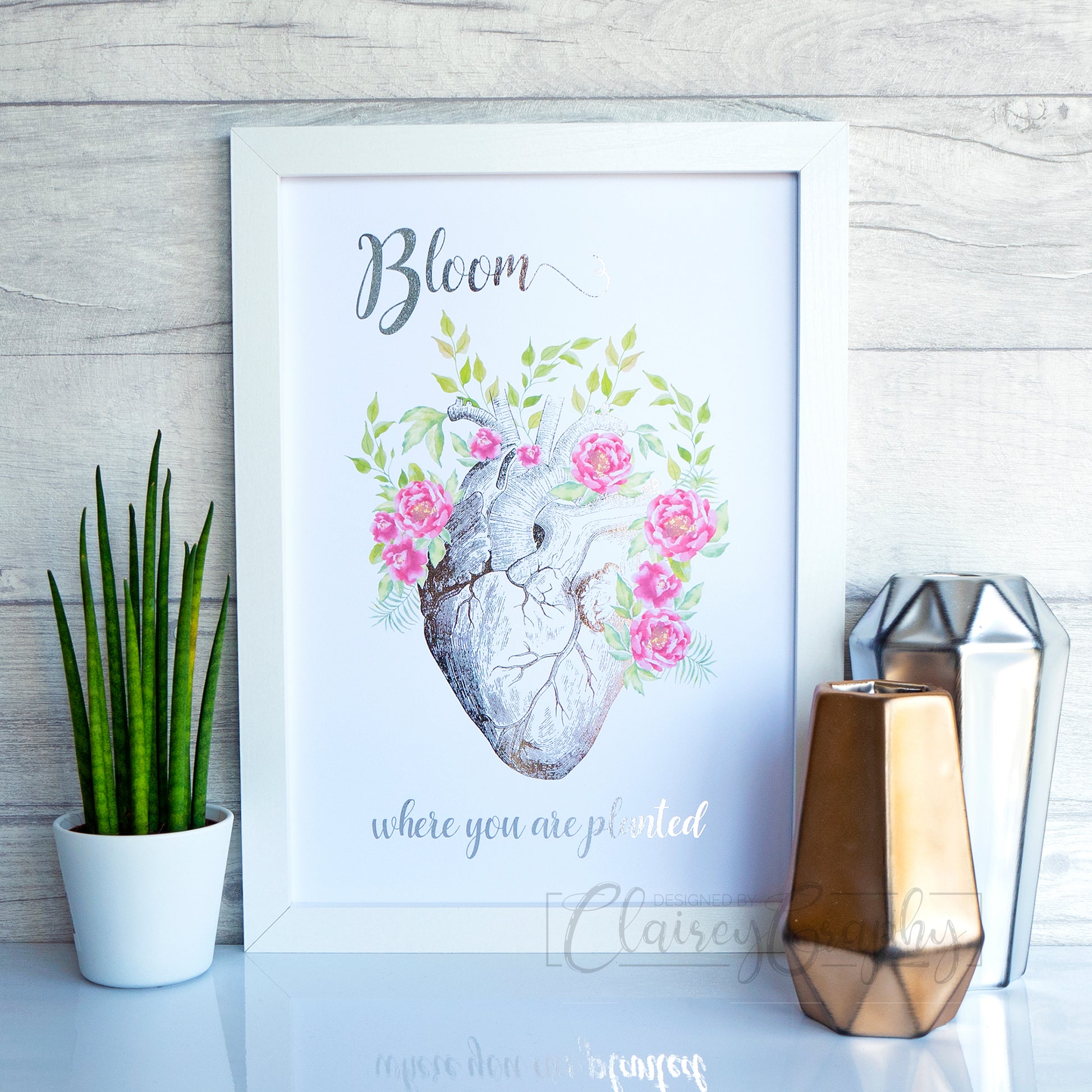 Bloom Where You Are Planted - Silver. Handmade foil print by ClaireyGraphy, printed by Bright Bear Designs