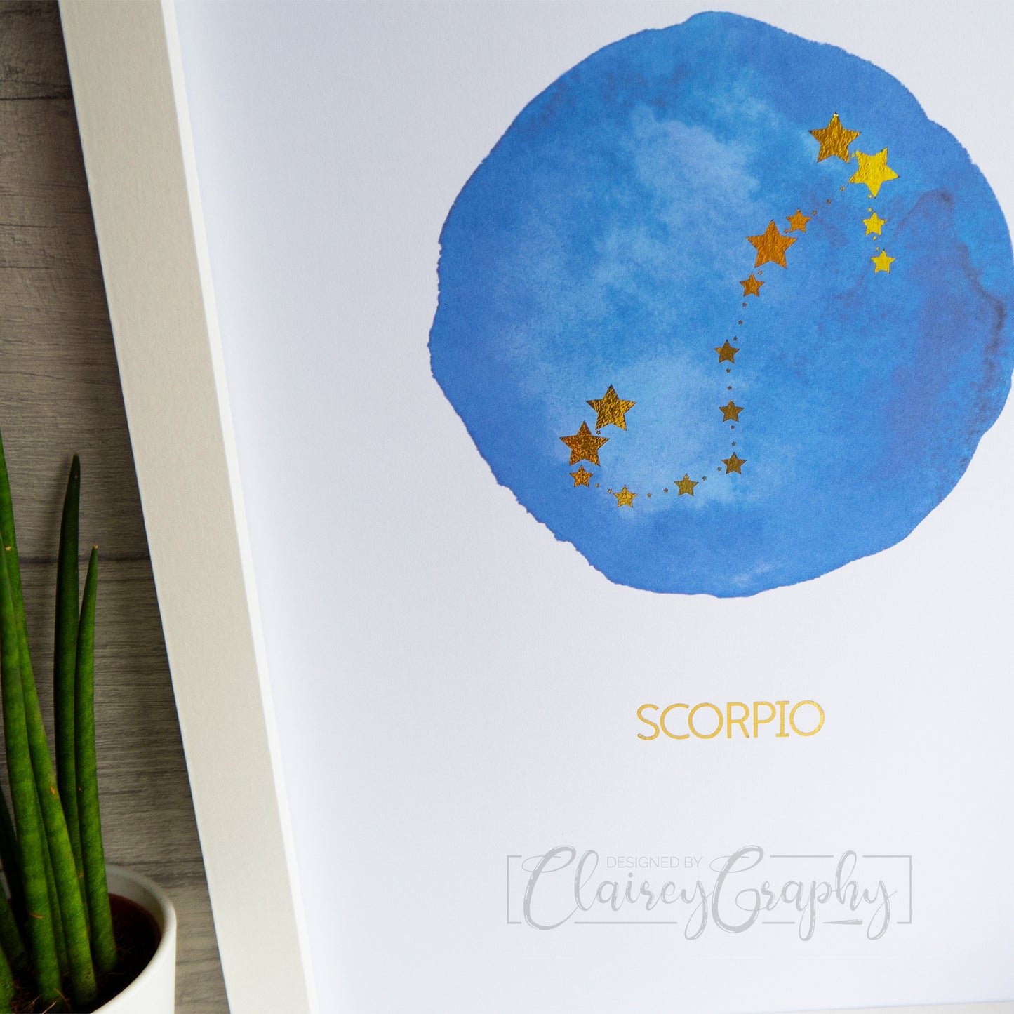 Constellation: Scorpio - Gold on watercolour. detail. Custom handmade foil print by ClaireyGraphy, printed by Bright Bear Designs