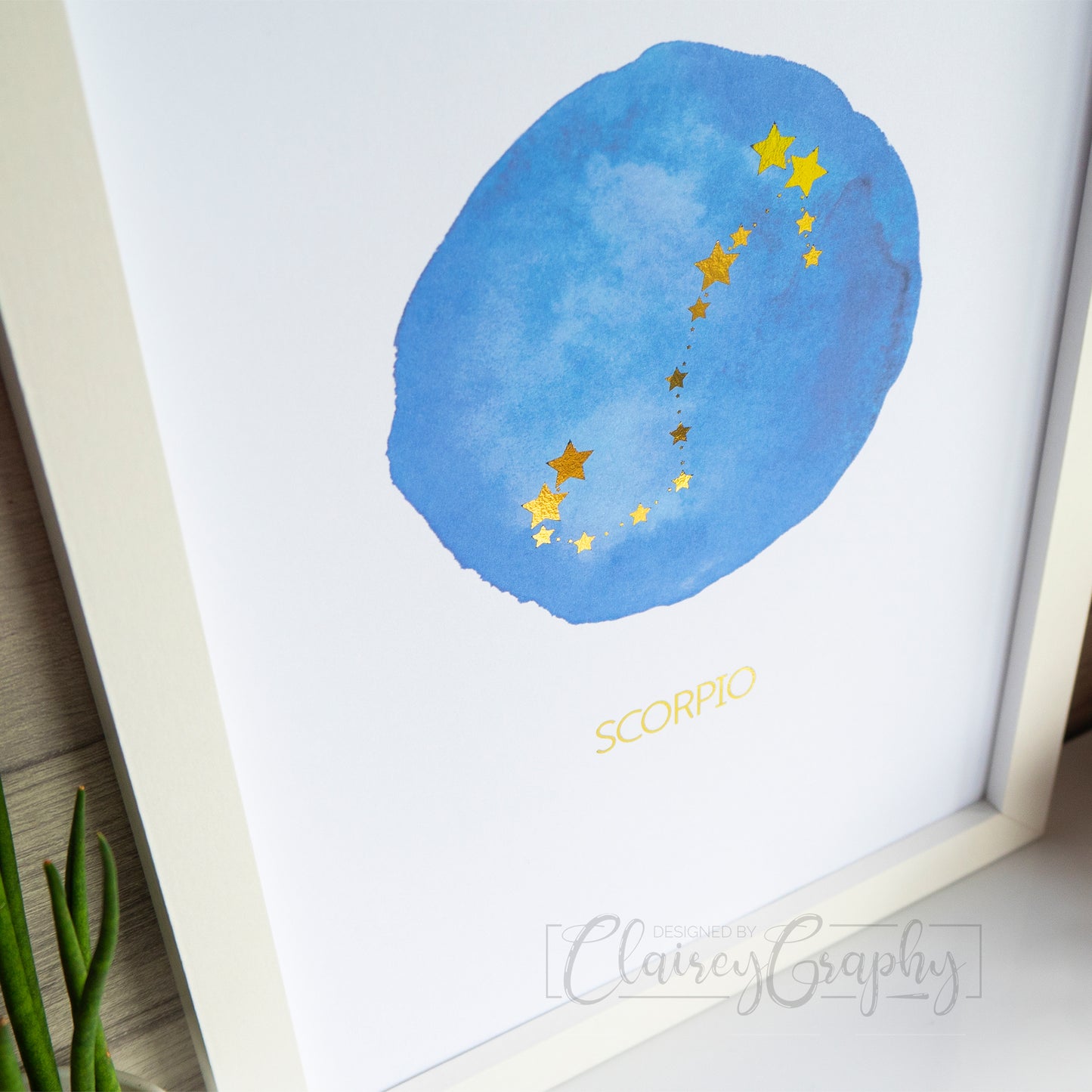 Constellation: Scorpio - Gold on watercolour, side view. Custom handmade foil print by ClaireyGraphy, printed by Bright Bear Designs