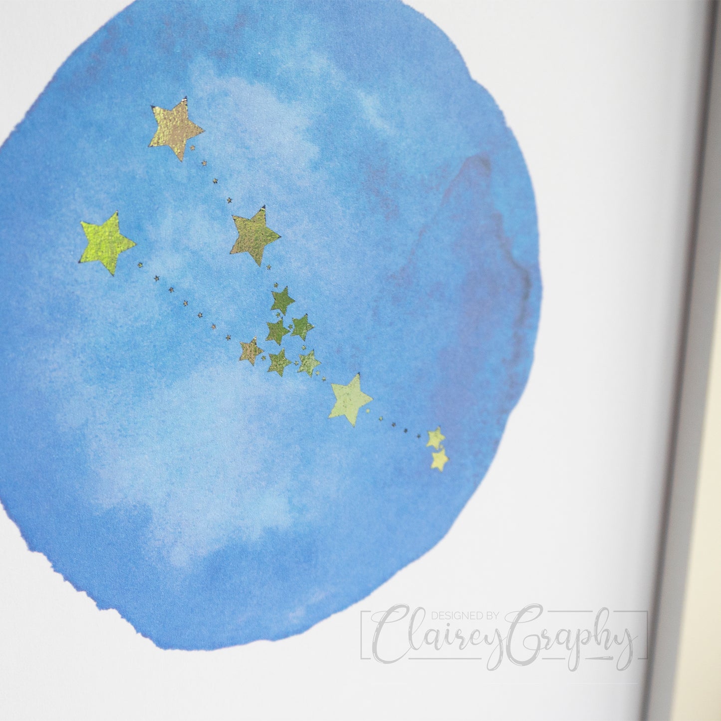 Constellation: Taurus - Gold on watercolour, Taurus detail. Custom handmade foil print by ClaireyGraphy, printed by Bright Bear Designs