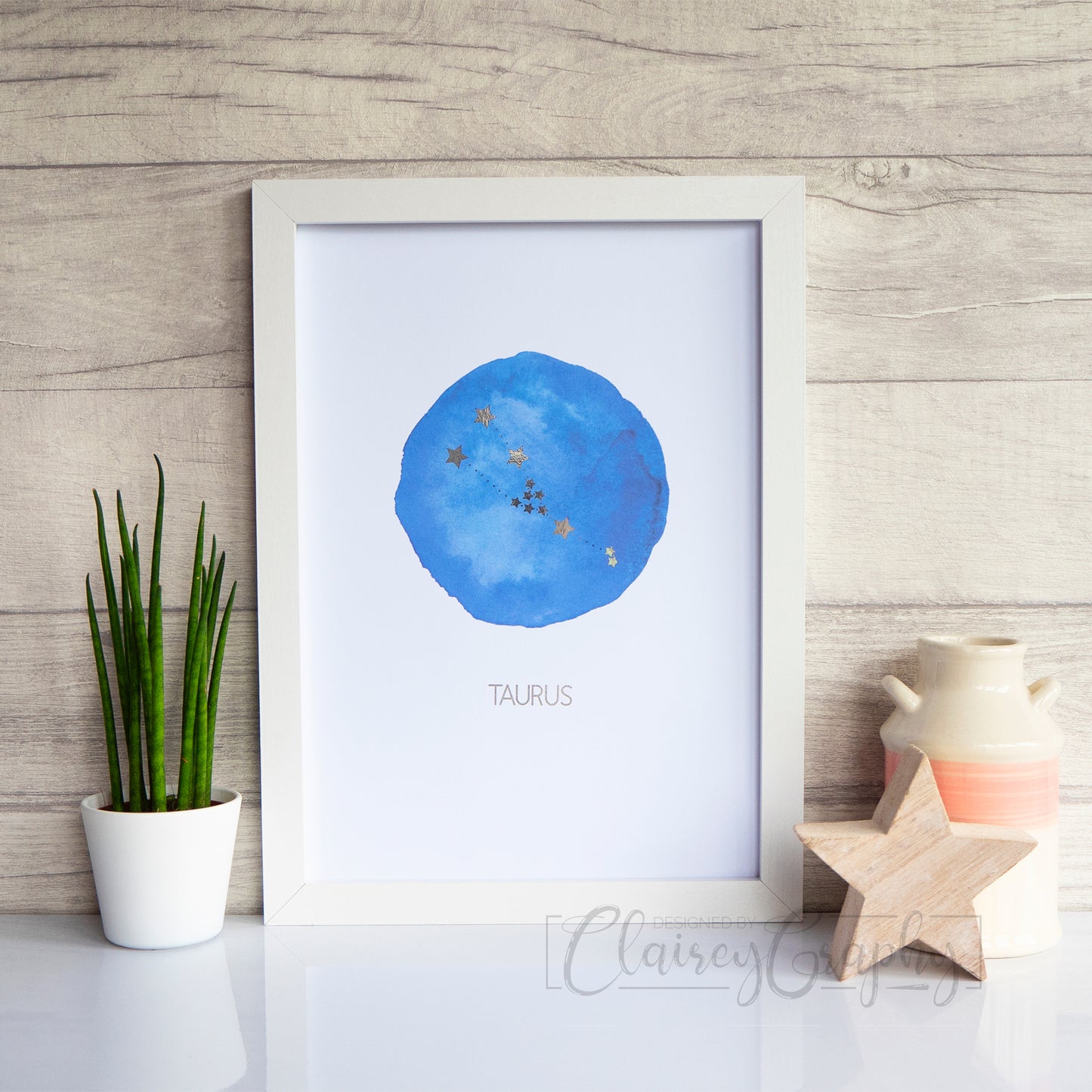 Constellation: Taurus - Gold on watercolour. Custom handmade foil print by ClaireyGraphy, printed by Bright Bear Designs