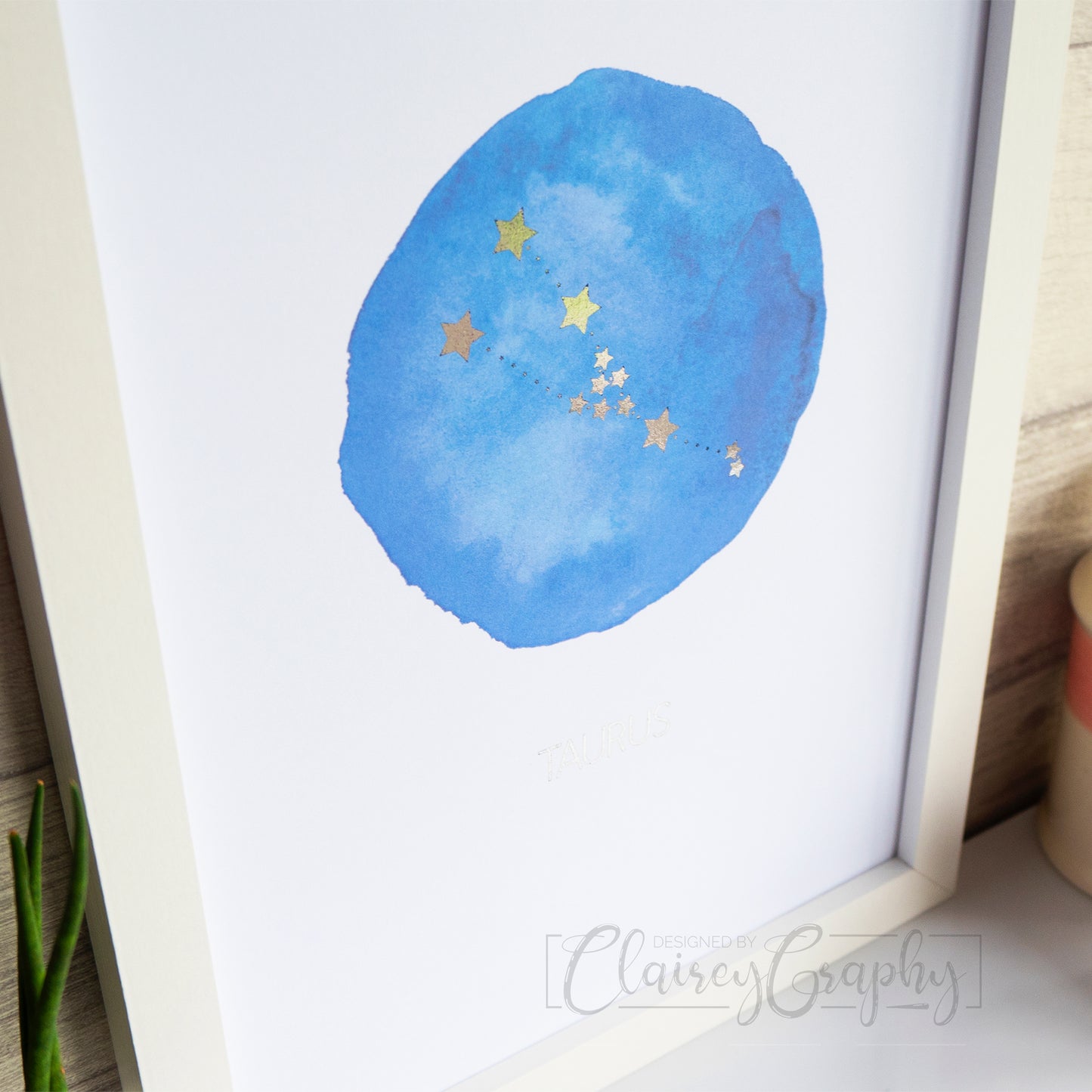 Constellation: Taurus - Gold on watercolour, side view. Custom handmade foil print by ClaireyGraphy, printed by Bright Bear Designs