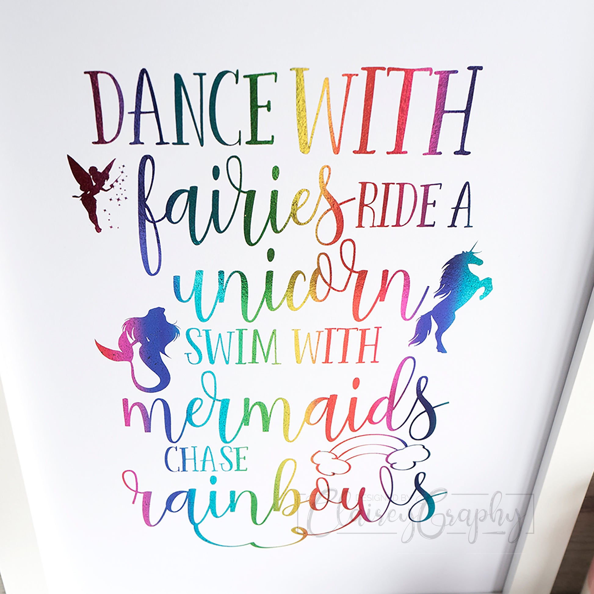 Dance With Fairies - Rainbow foil, detail. Handmade foil print by ClaireyGraphy, printed by Bright Bear Designs