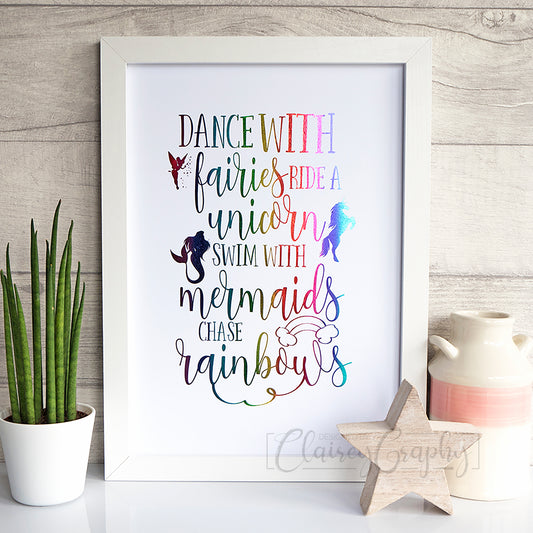 Dance With Fairies - Rainbow foil. Handmade foil print by ClaireyGraphy, printed by Bright Bear Designs