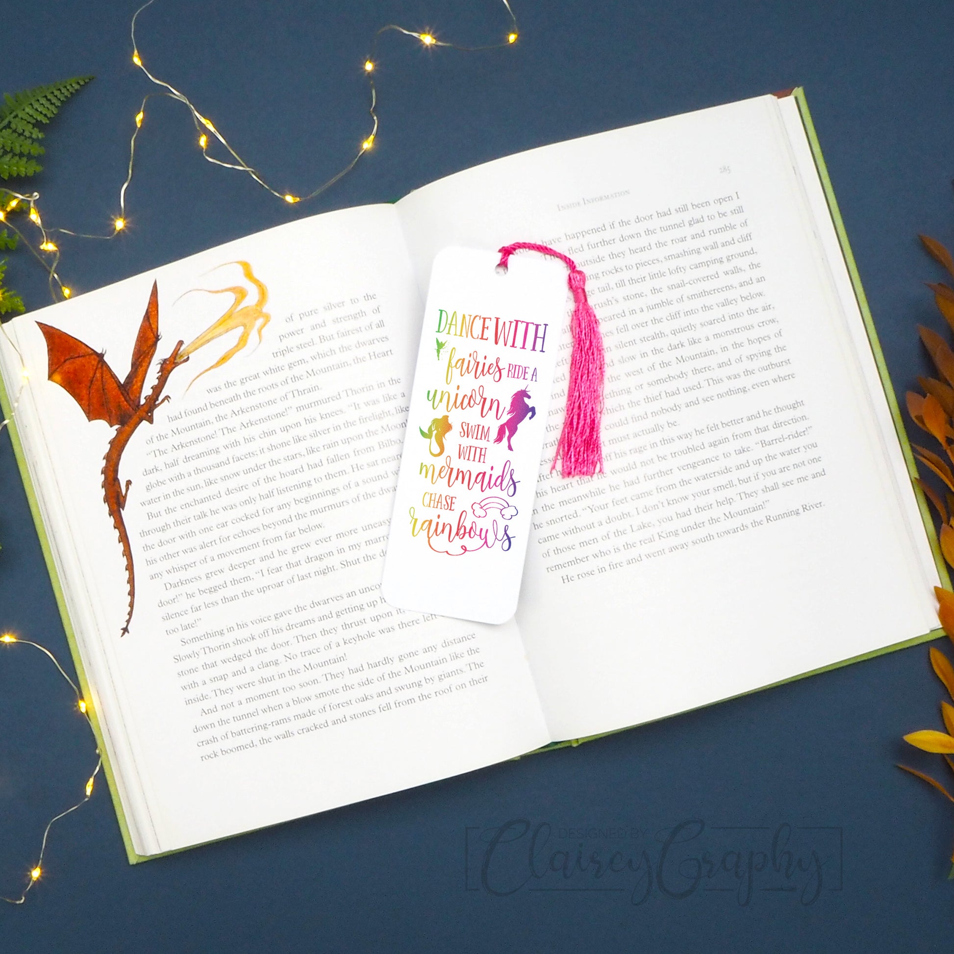 Dance With Fairies Bookmark - Rainbow foil, hot pink tassel - designed by ClaireyGraphy, printed by Bright Bear Designs