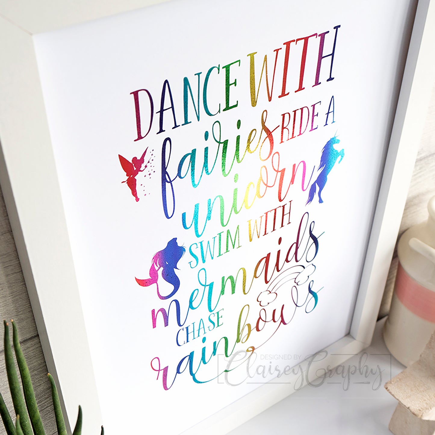 Dance With Fairies - Rainbow foil, side view. Handmade foil print by ClaireyGraphy, printed by Bright Bear Designs