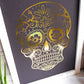 Day of the Dead Sugar Skull - Black, gold foil, detail. Foil print by ClaireyGraphy, printed by Bright Bear Designs