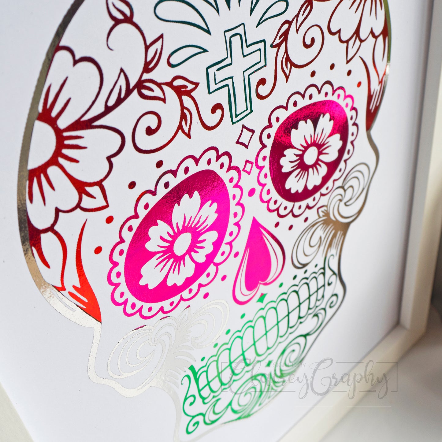 Day of the Dead Sugar Skull - White, traditional foil colours, detail. Foil print by ClaireyGraphy, printed by Bright Bear Designs