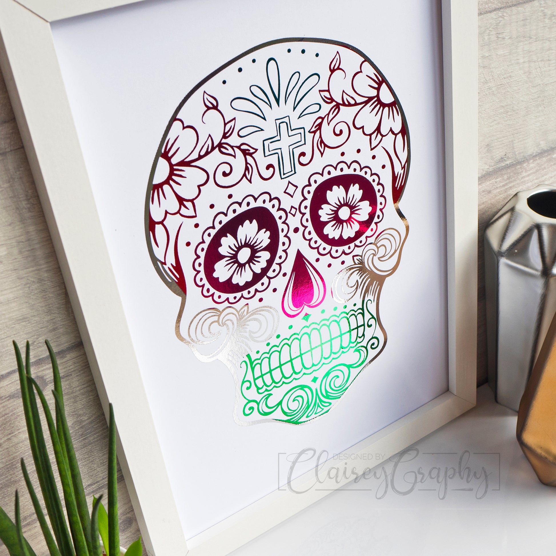 Day of the Dead Sugar Skull - White, traditional foil colours, side view. Foil print by ClaireyGraphy, printed by Bright Bear Designs