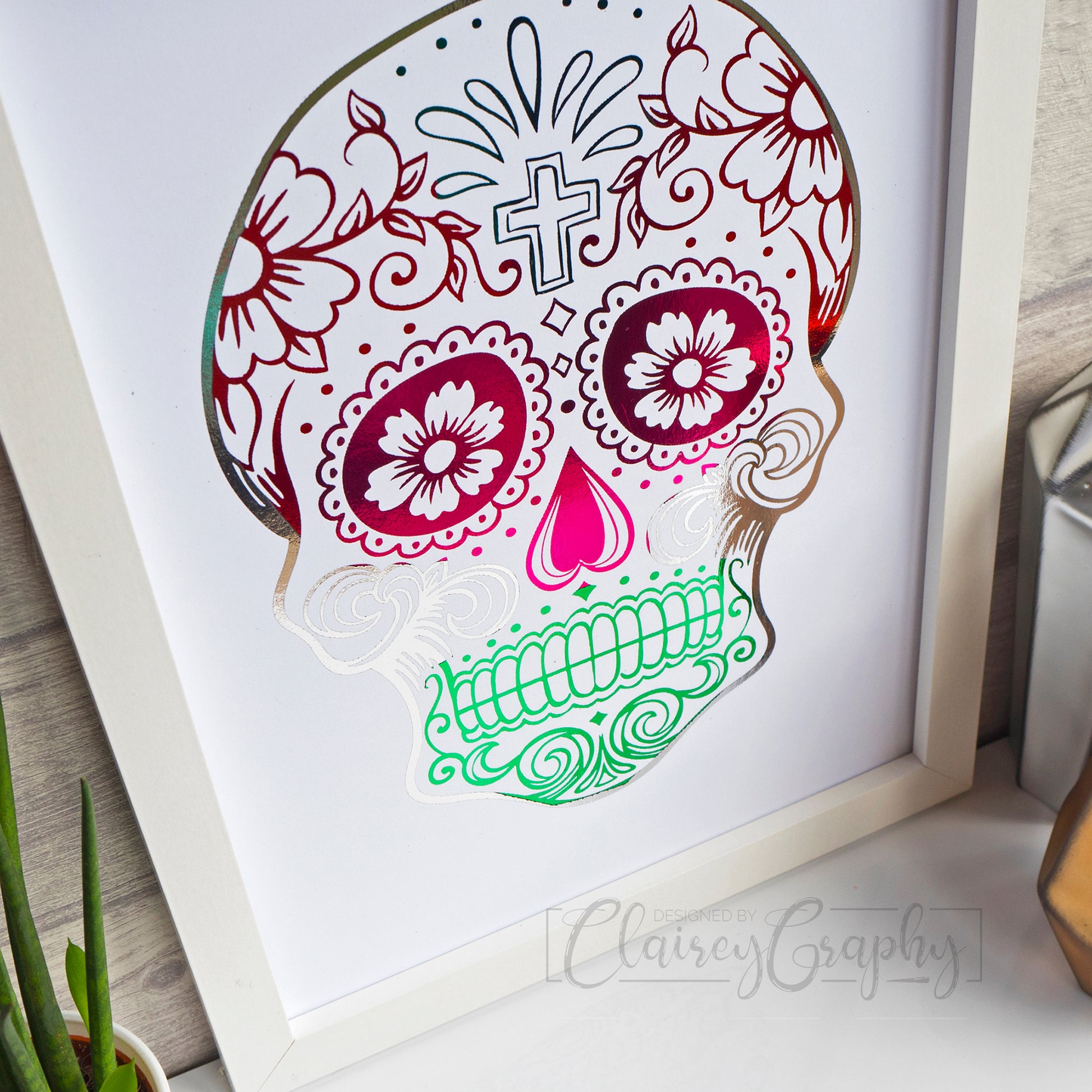 Day of the Dead Sugar Skull - White, traditional foil colours, top view. Foil print by ClaireyGraphy, printed by Bright Bear Designs