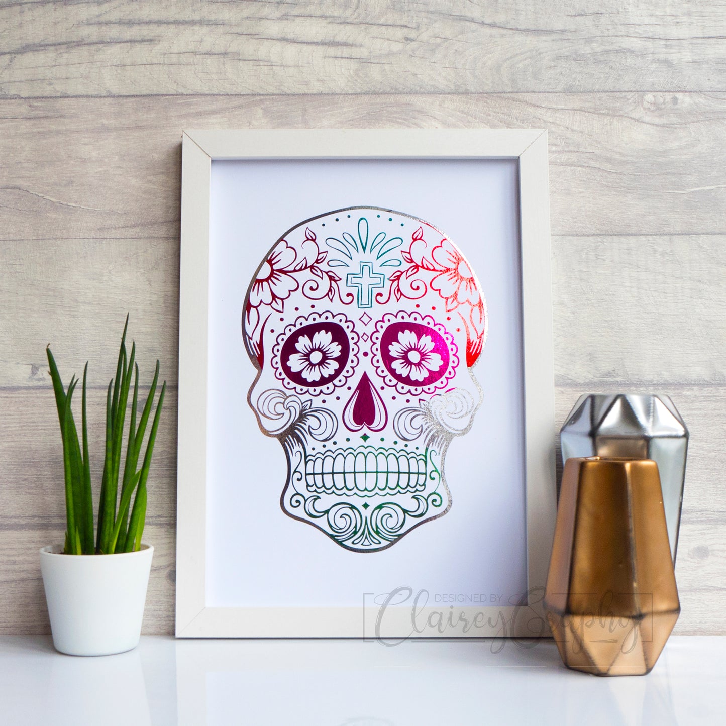 Day of the Dead Sugar Skull - White, traditional foil colours. Foil print by ClaireyGraphy, printed by Bright Bear Designs