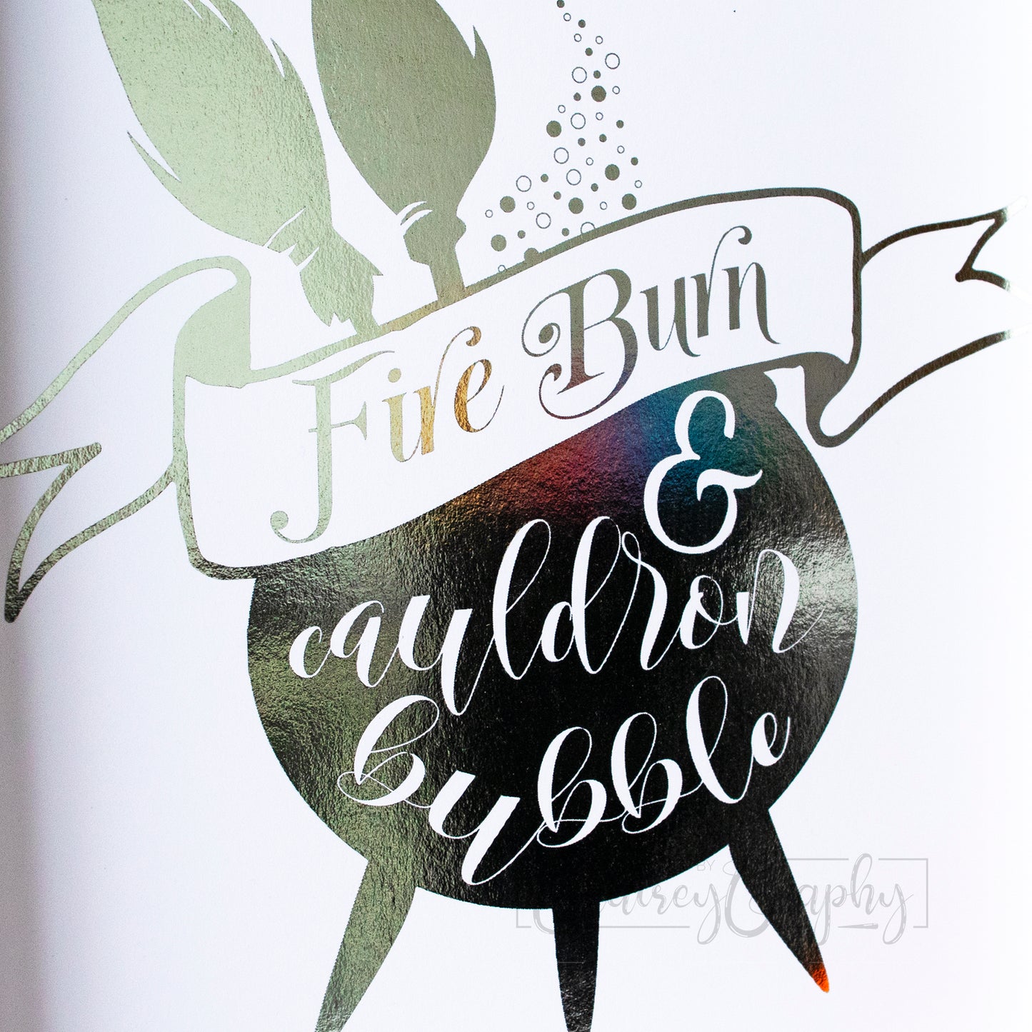 Double Double Toil And Trouble - purple & black gloss on white, cauldron detail. Handmade foil print by ClaireyGraphy, printed by Bright Bear Designs