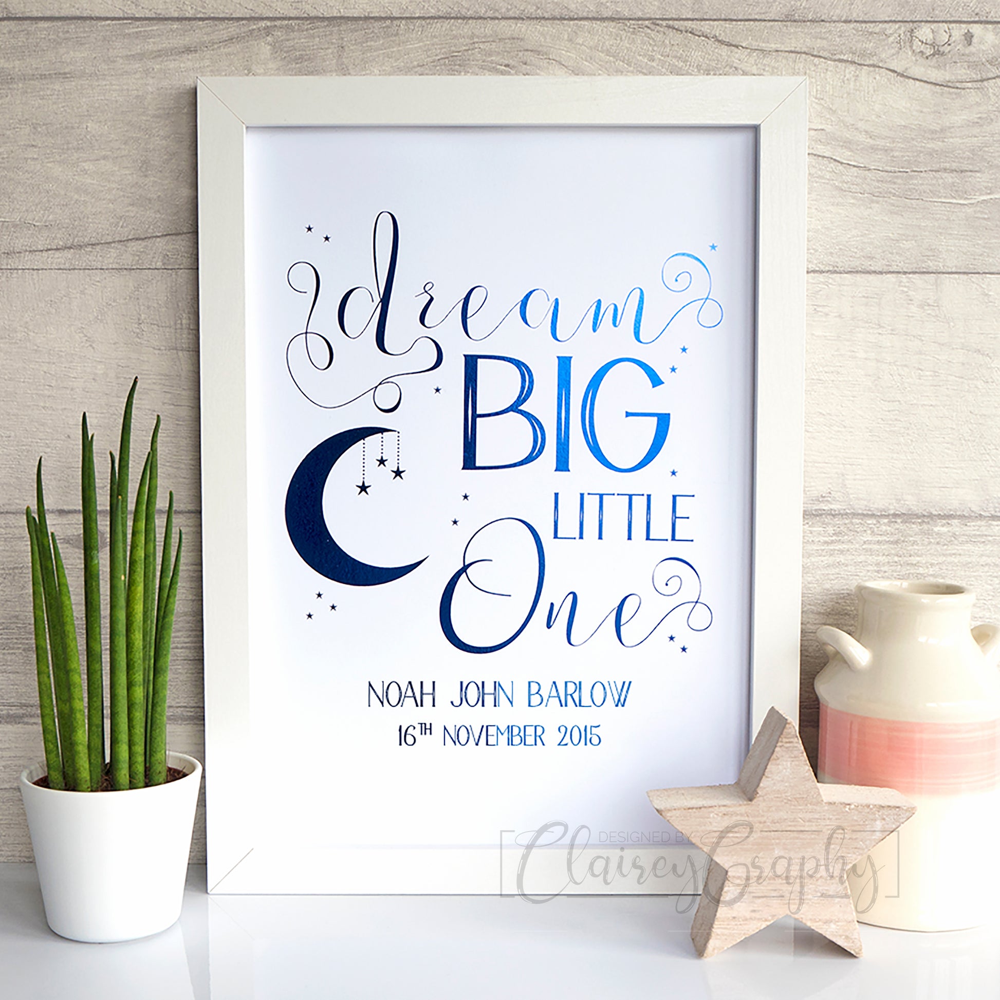 Dream Big Little One - Personalised, royal blue foil. Foil print by ClaireyGraphy, printed by Bright Bear Designs