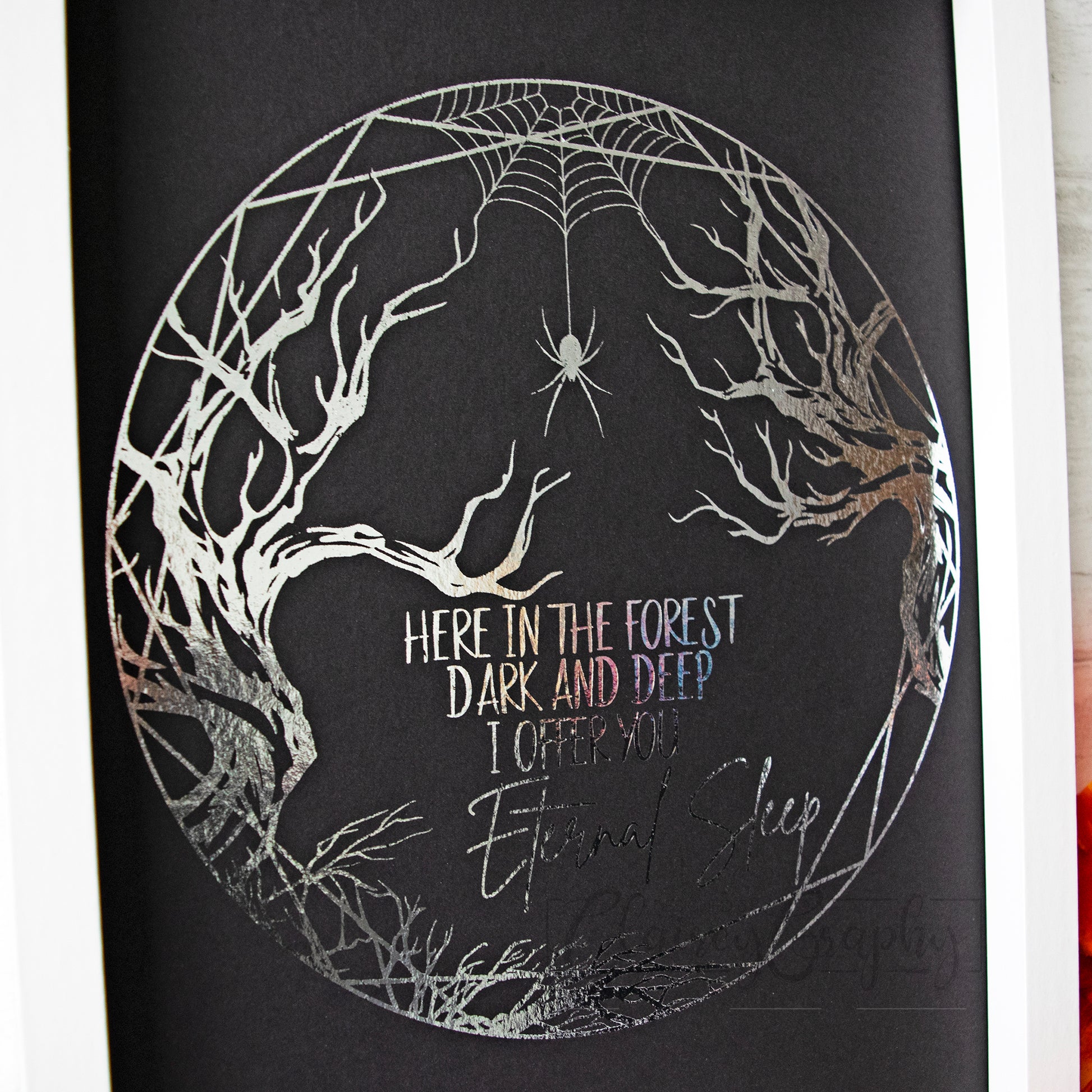 Eternal Sleep - Black, silver foil, side detail. Foil Print by ClaireyGraphy, printed by Bright Bear Designs