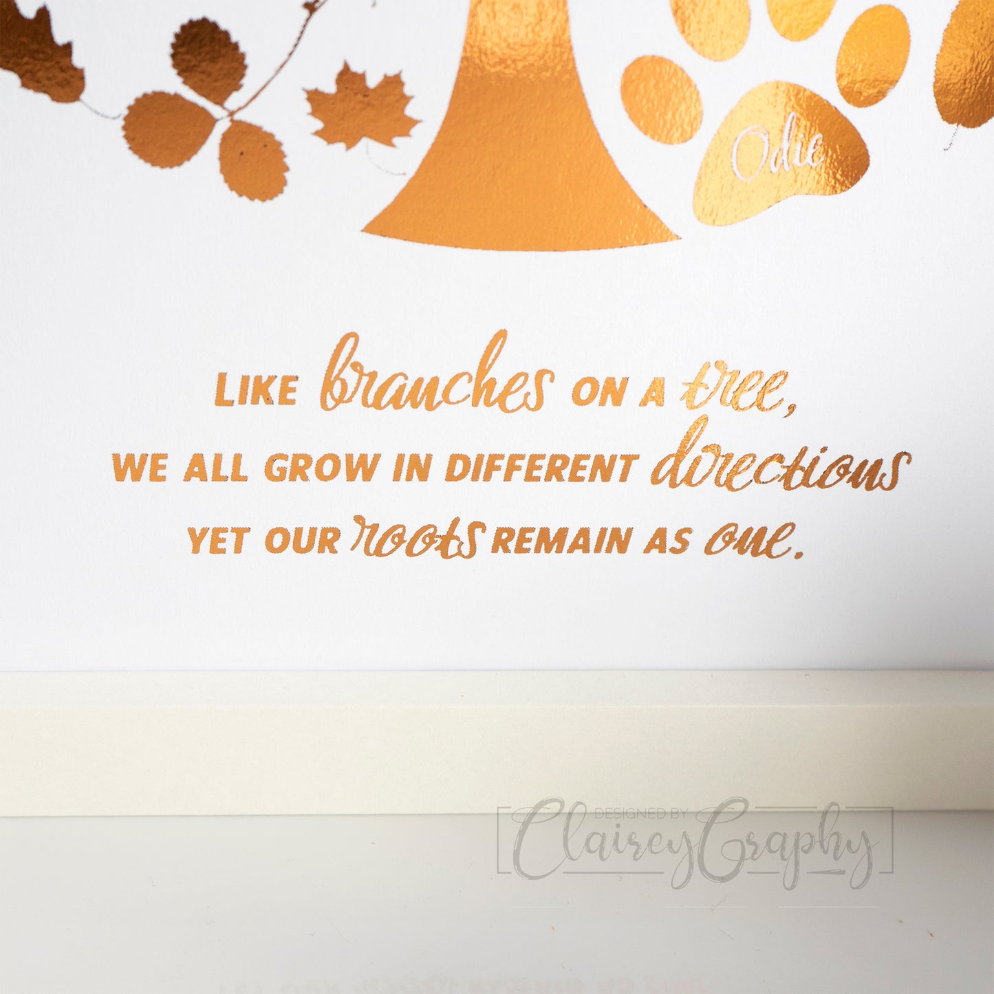 Family Tree - Copper Foil, quote detail. Personalised foil print by ClaireyGraphy, printed by Bright Bear Designs.