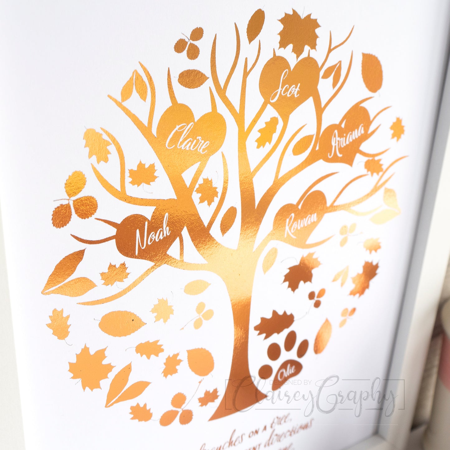 Family Tree - Copper Foil, hearts detail. Personalised foil print by ClaireyGraphy, printed by Bright Bear Designs.