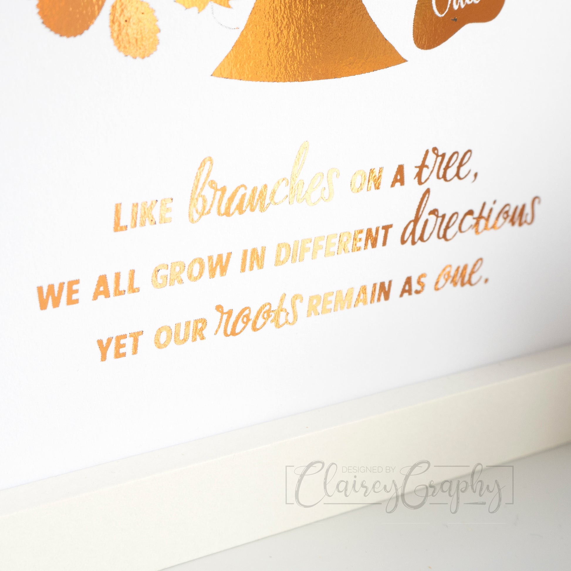 Family Tree - Copper Foil, text detail. Personalised foil print by ClaireyGraphy, printed by Bright Bear Designs.