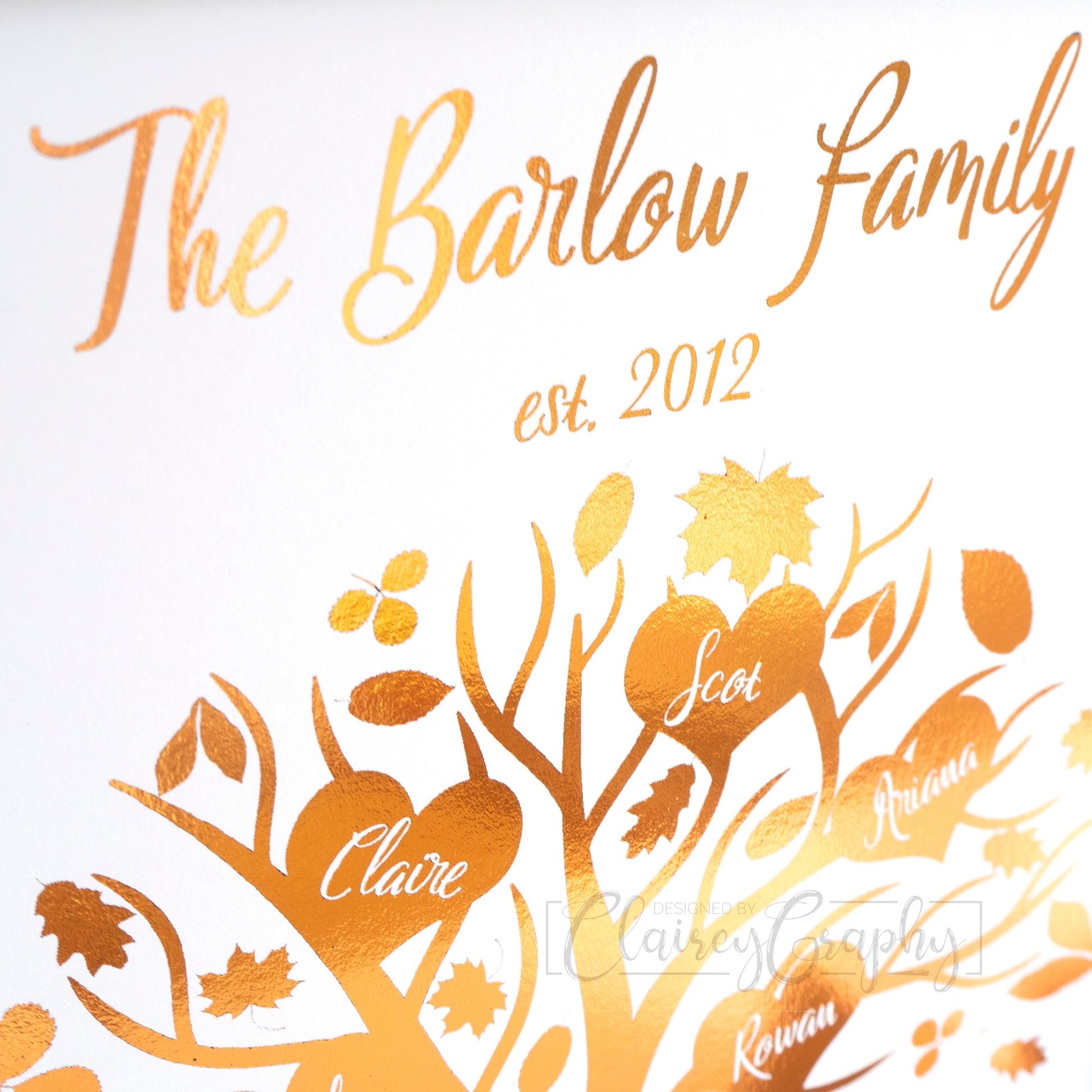 Family Tree - Copper Foil, family name detail. Personalised foil print by ClaireyGraphy, printed by Bright Bear Designs.