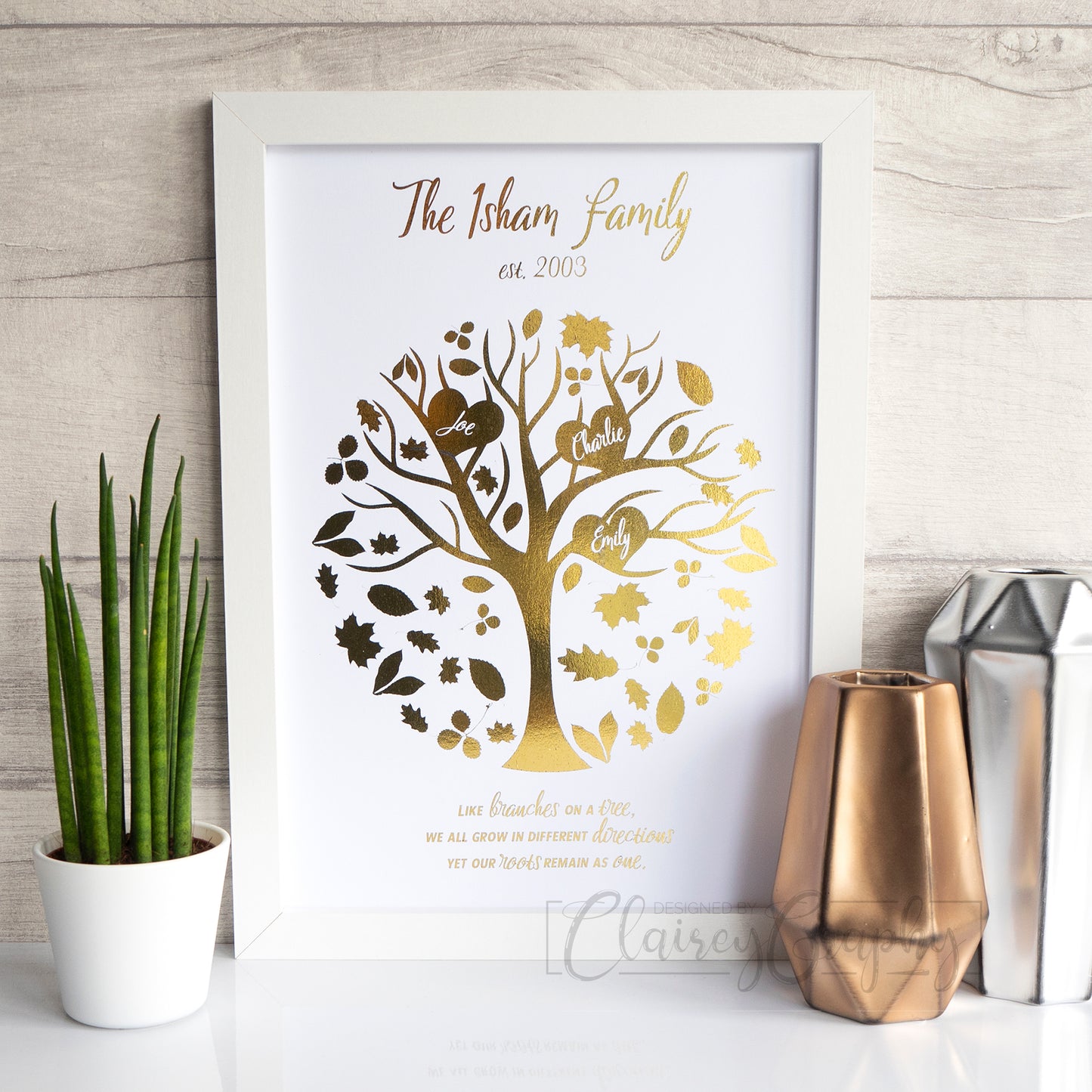 Family Tree - Gold Foil. Personalised foil print by ClaireyGraphy, printed by Bright Bear Designs.