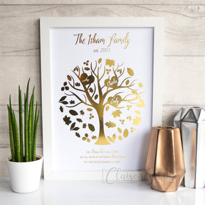 Family Tree - Gold Foil. Personalised foil print by ClaireyGraphy, printed by Bright Bear Designs.