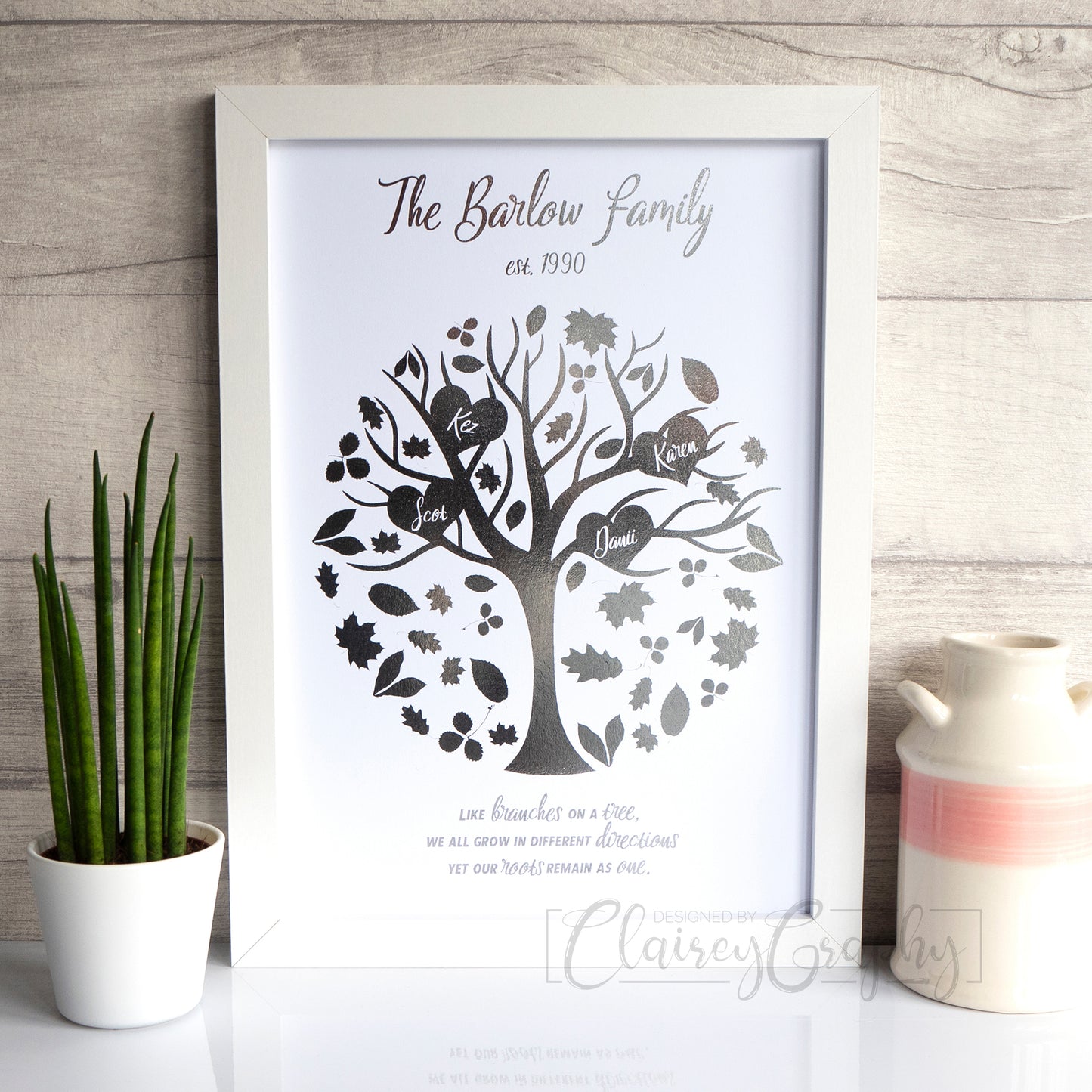 Family Tree - Silver Foil. Personalised foil print by ClaireyGraphy, printed by Bright Bear Designs.