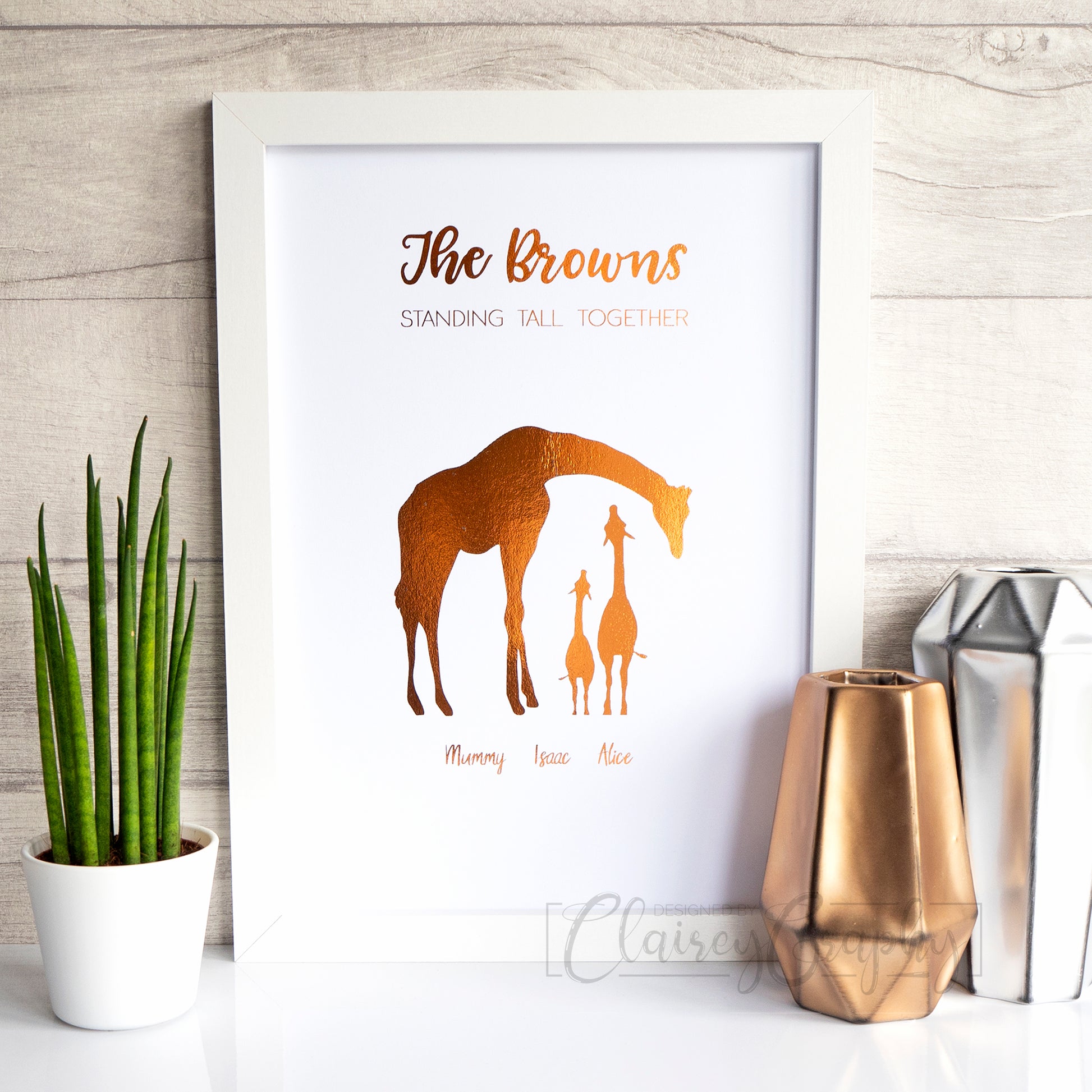 Giraffe Family - Copper foil. Personalised handmade foil print by ClaireyGraphy, printed by Bright Bear Designs