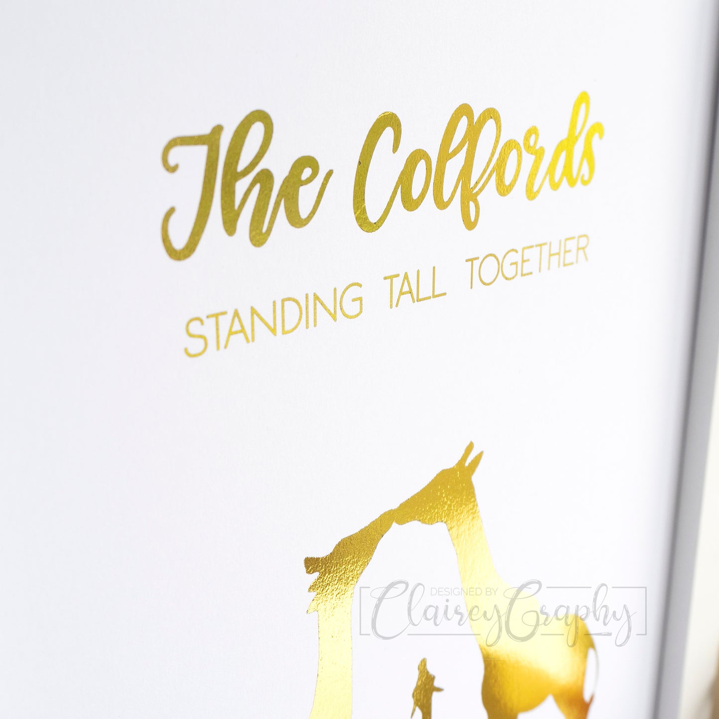 Giraffe Family - Gold foil, detail. Personalised handmade foil print by ClaireyGraphy, printed by Bright Bear Designs