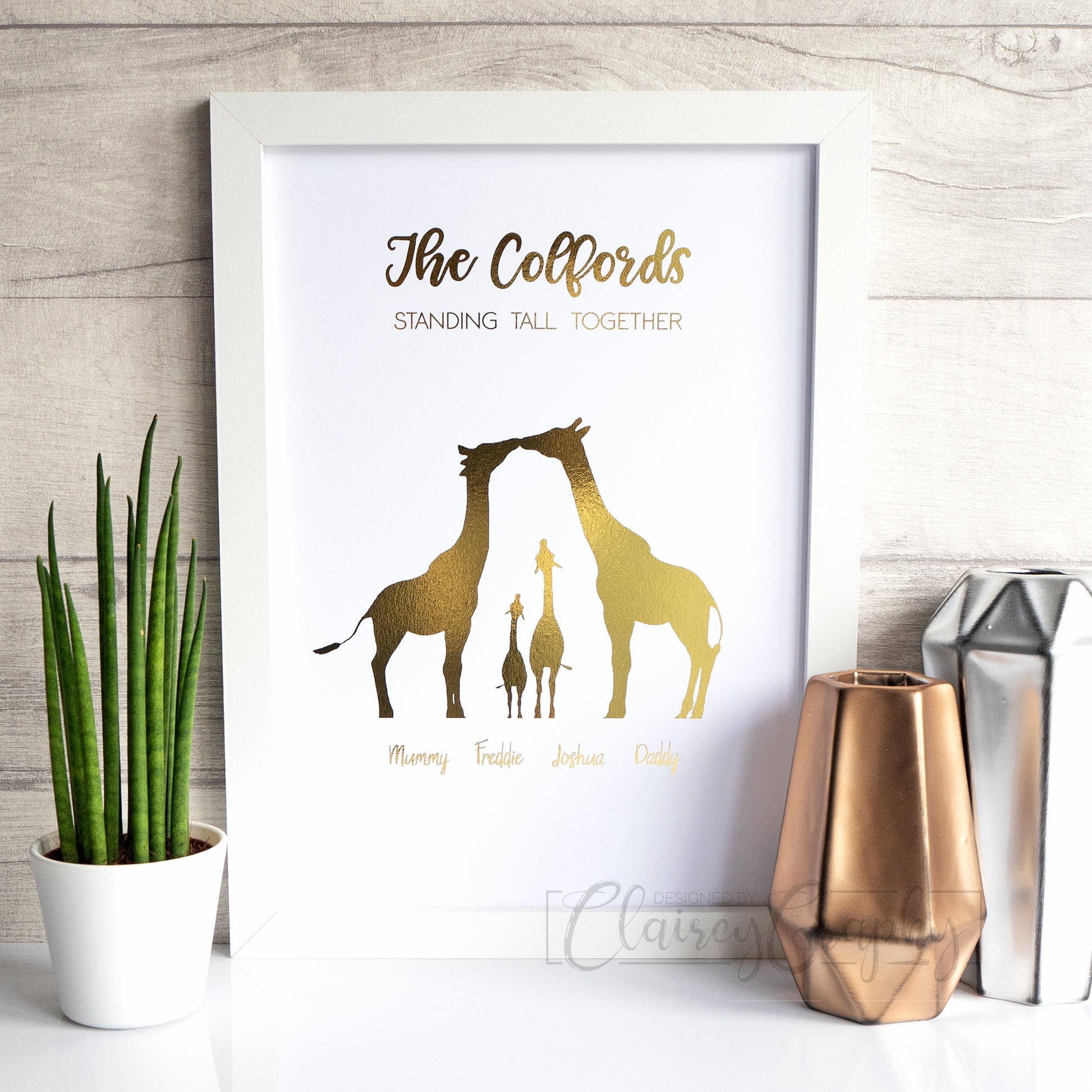 Giraffe Family - Gold foil. Personalised handmade foil print by ClaireyGraphy, printed by Bright Bear Designs