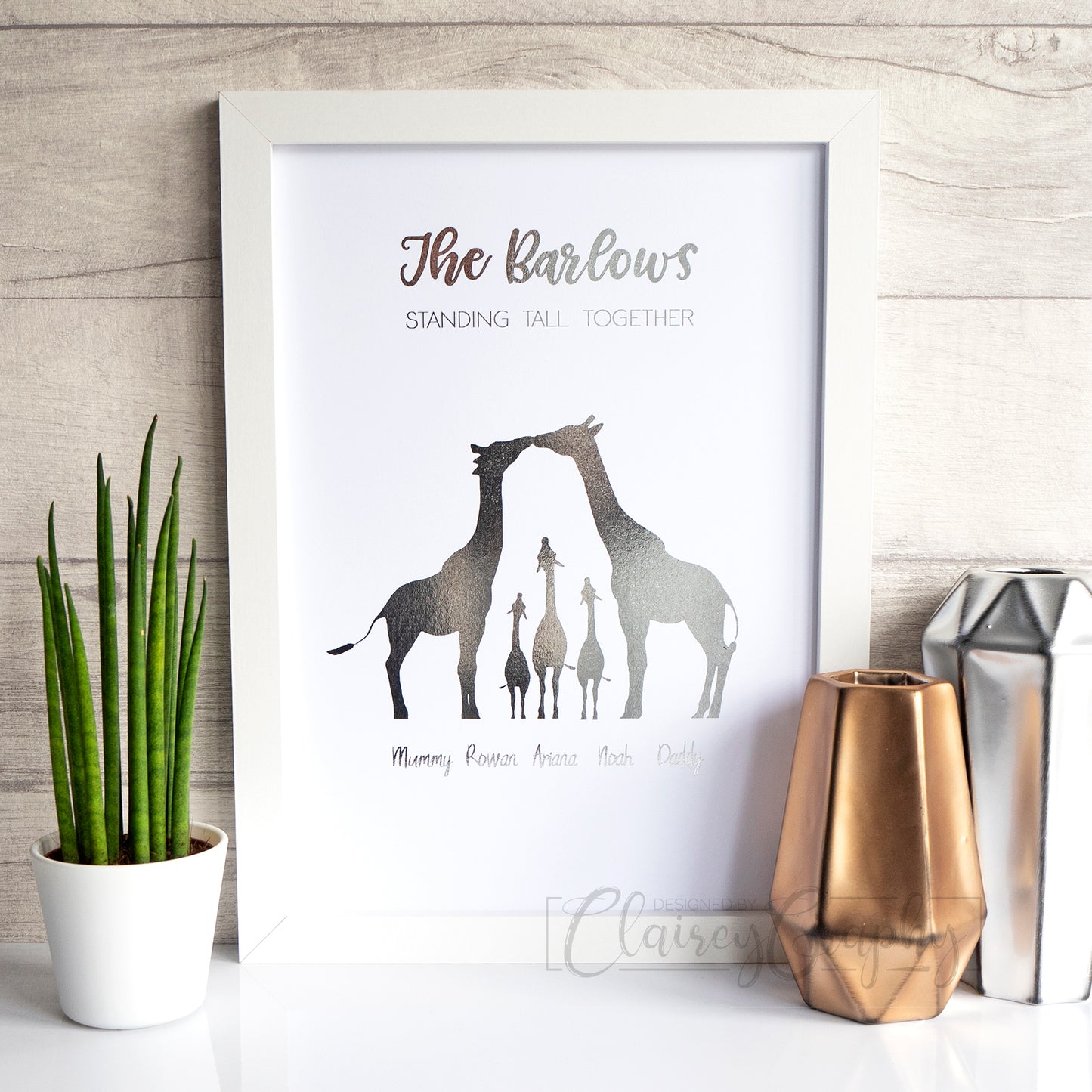 Giraffe Family - Silver foil. Personalised handmade foil print by ClaireyGraphy, printed by Bright Bear Designs