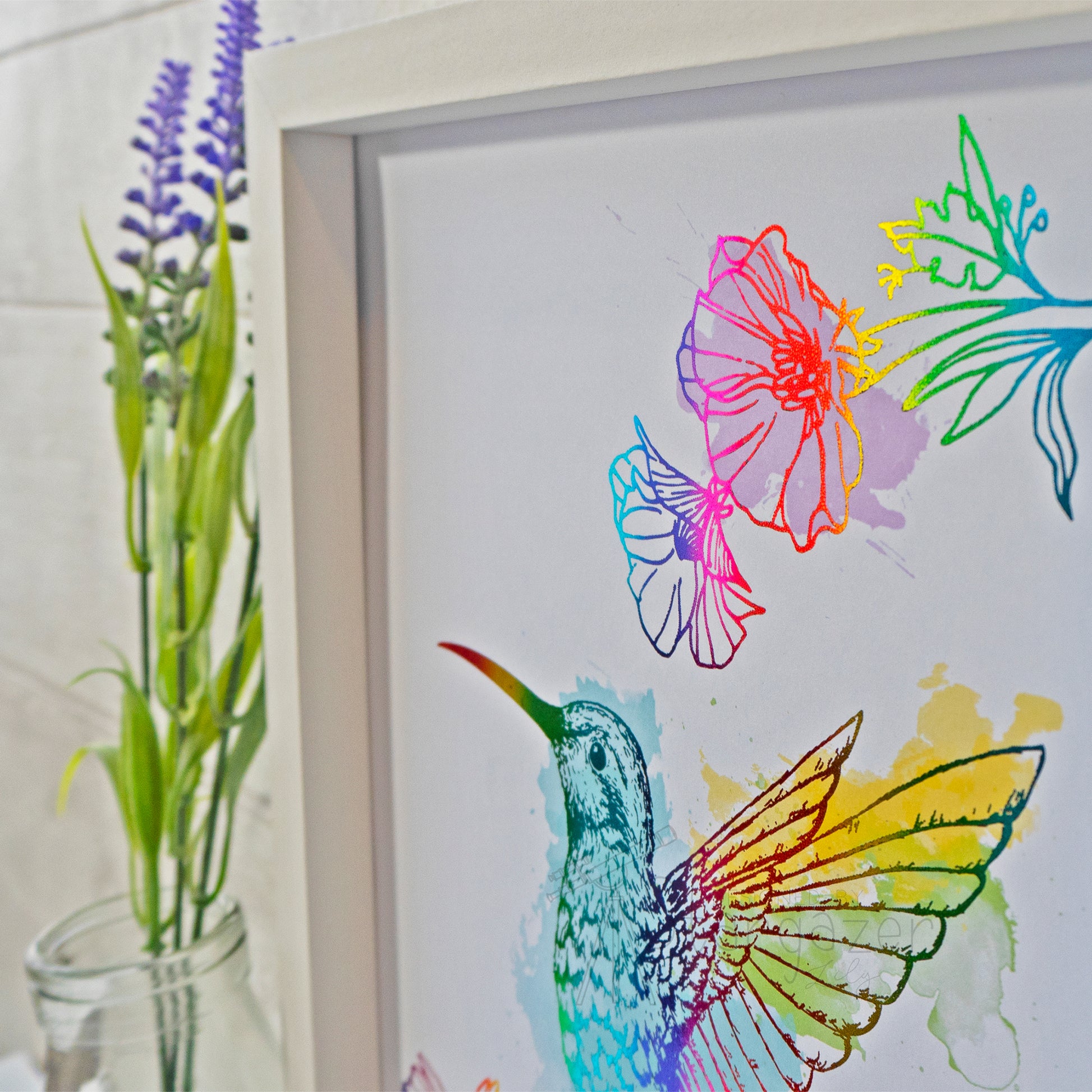 Hummingbird - Rainbow foil, detail, framed. Handmade foil print created by Stargazer Lily, produced by Bright Bear Designs