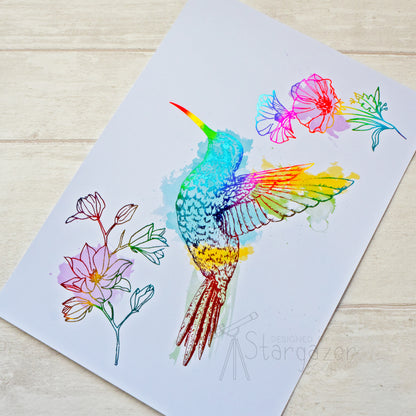 Hummingbird - Rainbow foil, unframed. Handmade foil print created by Stargazer Lily, produced by Bright Bear Designs