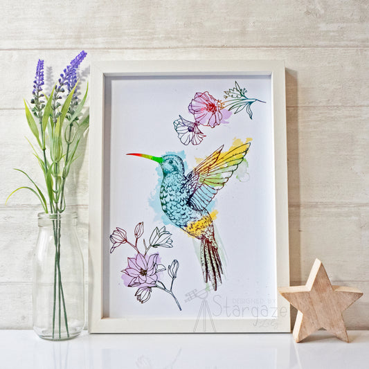 Hummingbird - Rainbow foil, framed. Handmade foil print created by Stargazer Lily, produced by Bright Bear Designs