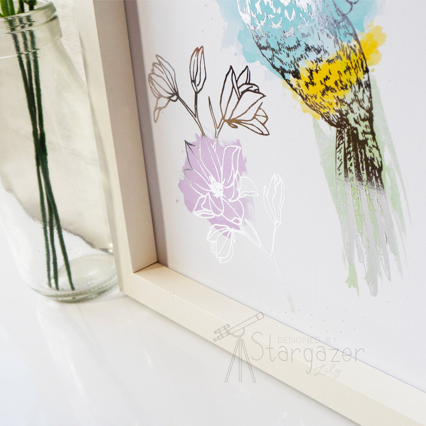 Hummingbird - Silver foil, detail, framed. Handmade foil print created by Stargazer Lily, produced by Bright Bear Designs