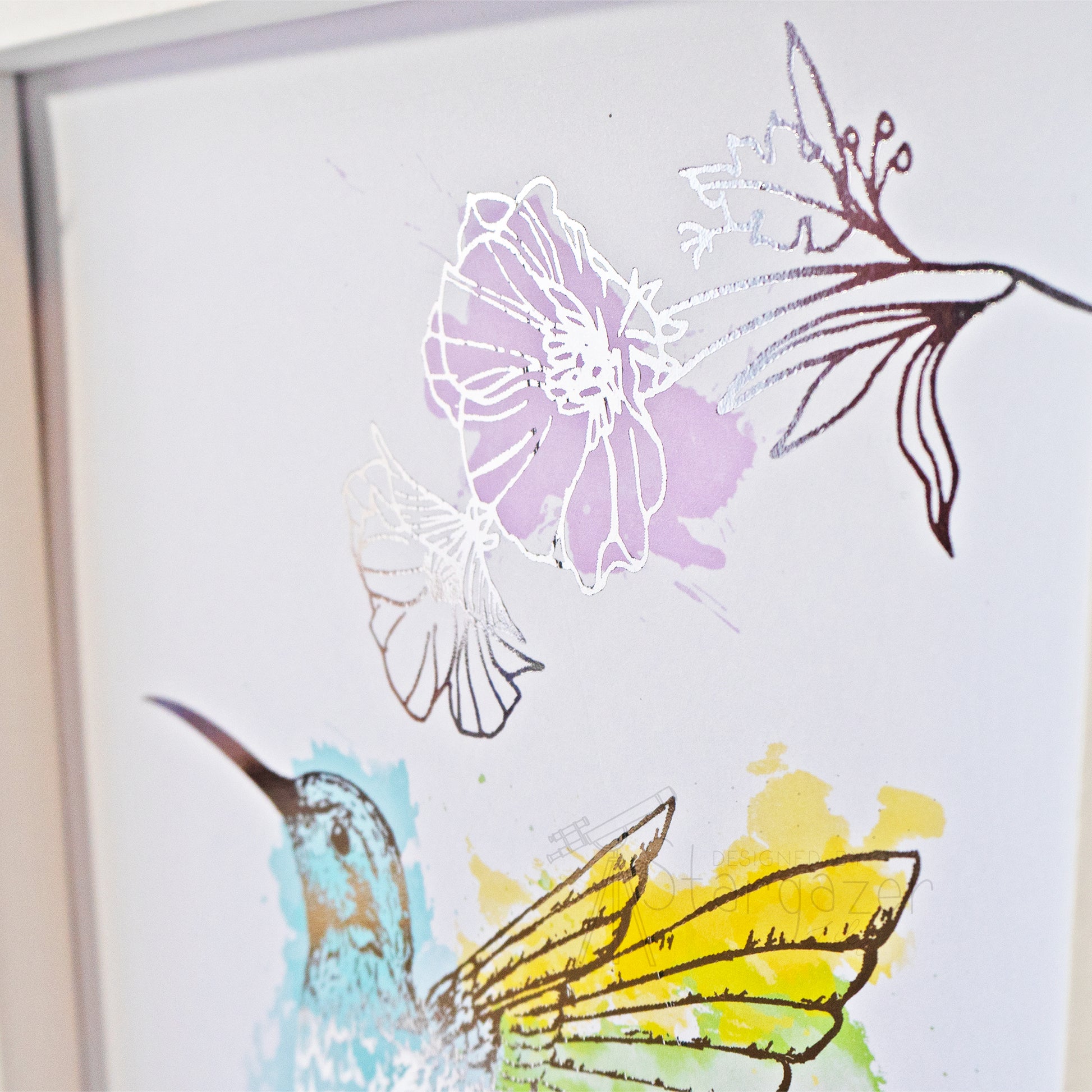 Hummingbird - Silver foil, detail, framed. Handmade foil print created by Stargazer Lily, produced by Bright Bear Designs