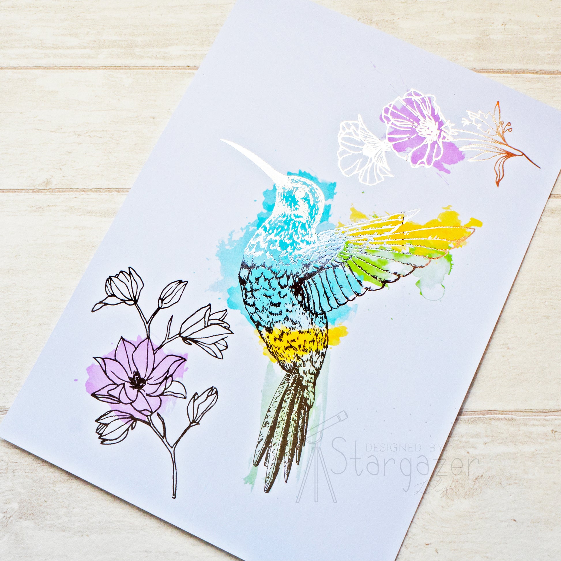 Hummingbird - Silver foil, unframed. Handmade foil print created by Stargazer Lily, produced by Bright Bear Designs