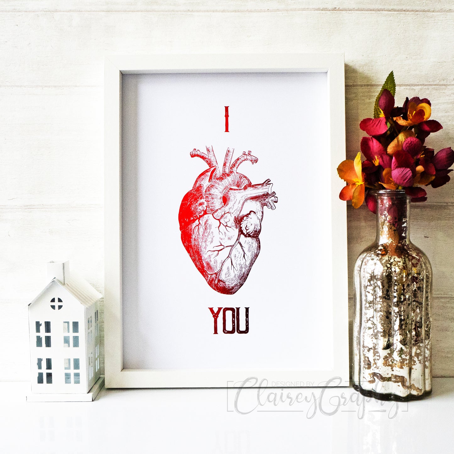 I Heart You Anatomical Heart- red foil. Handmade foil print by ClaireyGraphy, printed by Bright Bear Designs