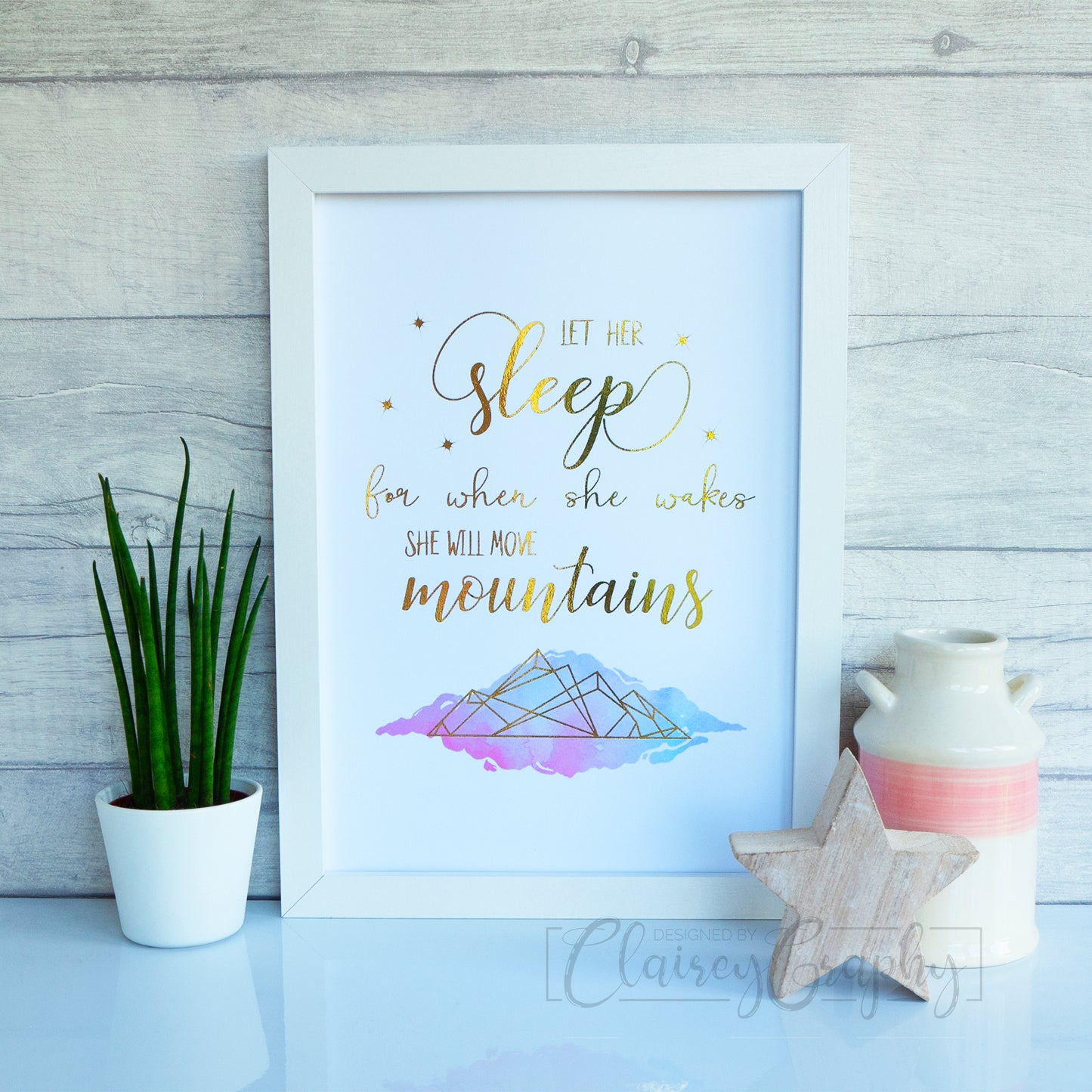 Let Her Sleep - Gold. Handmade foil print by ClaireyGraphy, printed by Bright Bear Designs