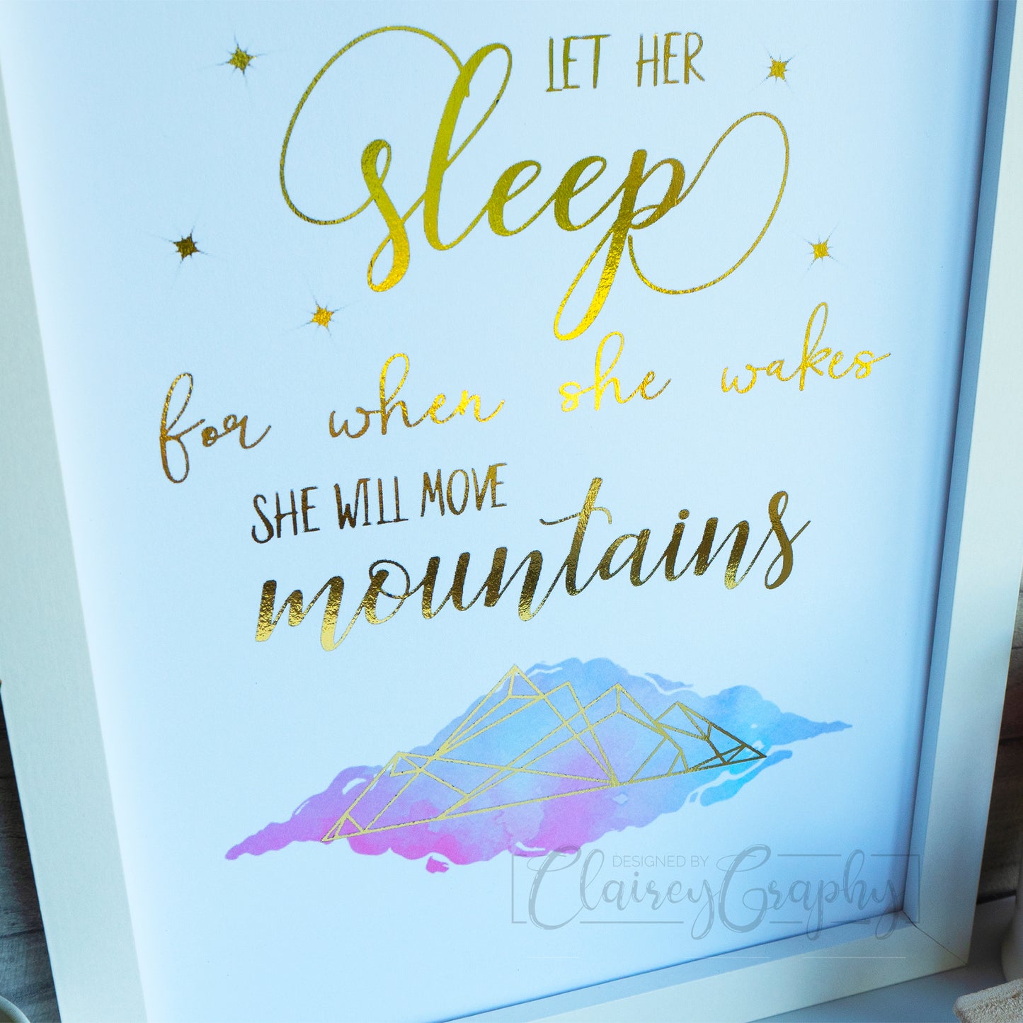 Let Her Sleep - Gold, detail. Handmade foil print by ClaireyGraphy, printed by Bright Bear Designs