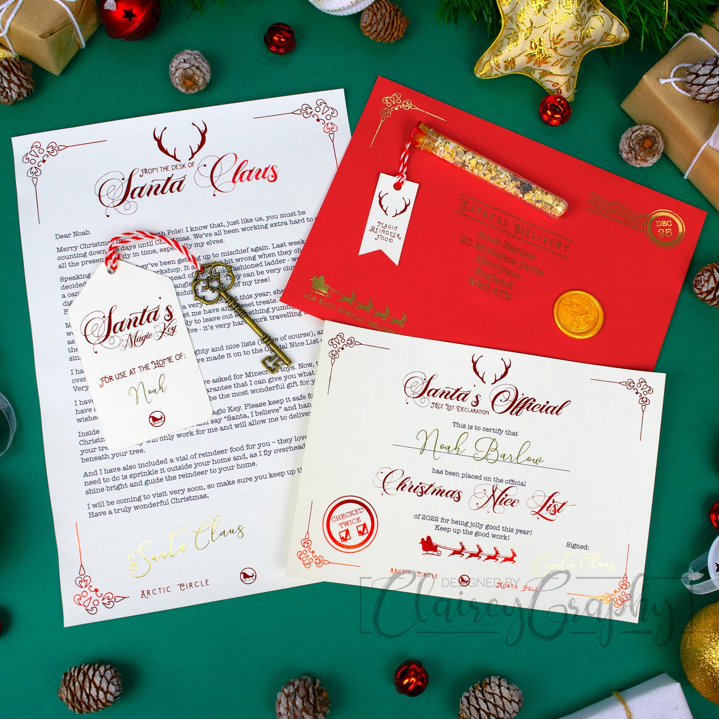 Personalised Letter from Santa Set. Featuring a personalised Letter, Nice List Certificate, Magic Key and Reindeer Food all packed within a red envelope foiled with golden text and sealed with a gold reindeer seal. The letter and certificate are printed on smooth ivory card stock and foiled with a decorative design and reindeer antlers in a stunning red. Each item includes Santa's golden signature.